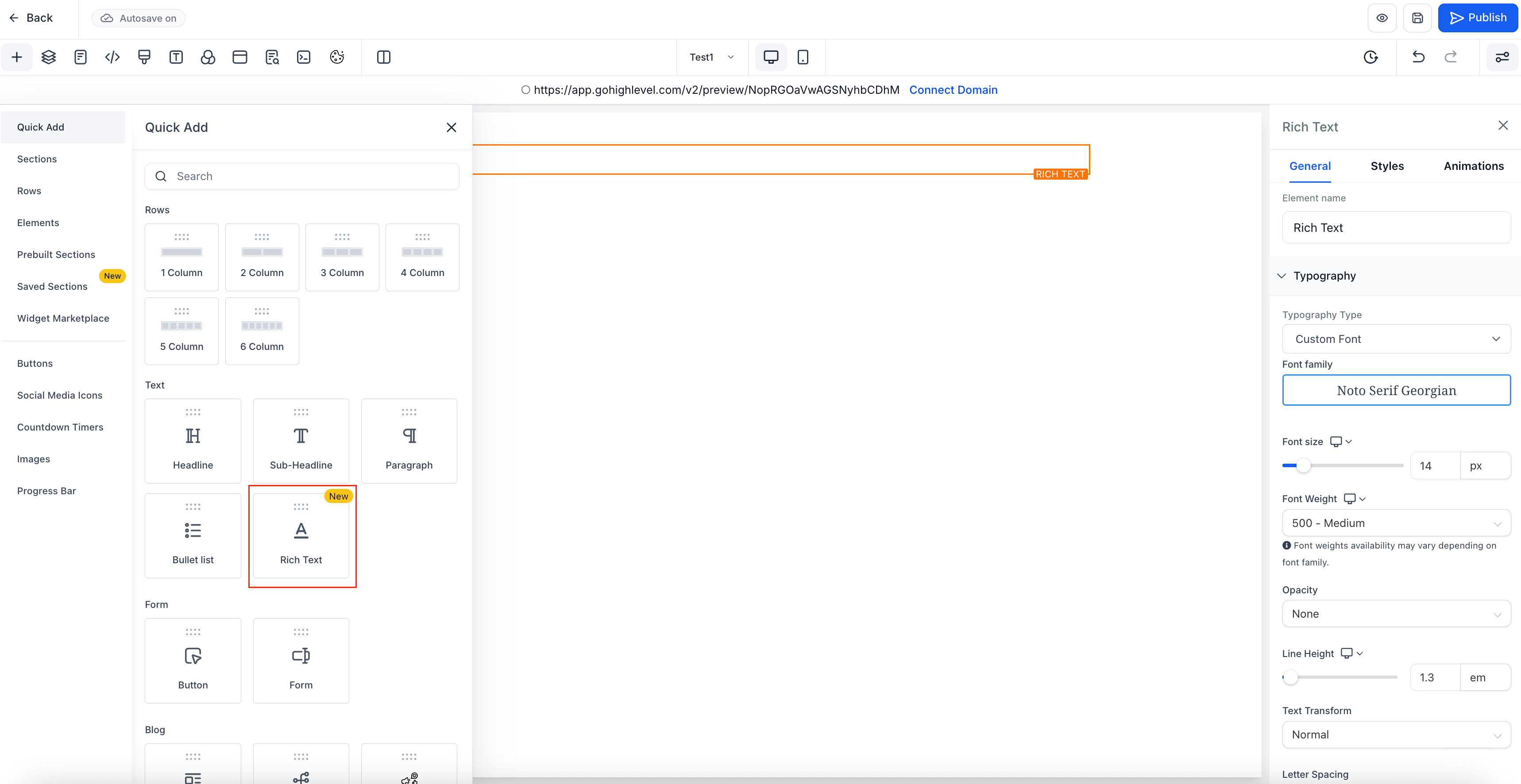 HighLevel page builder with the new Rich Text element and style options open