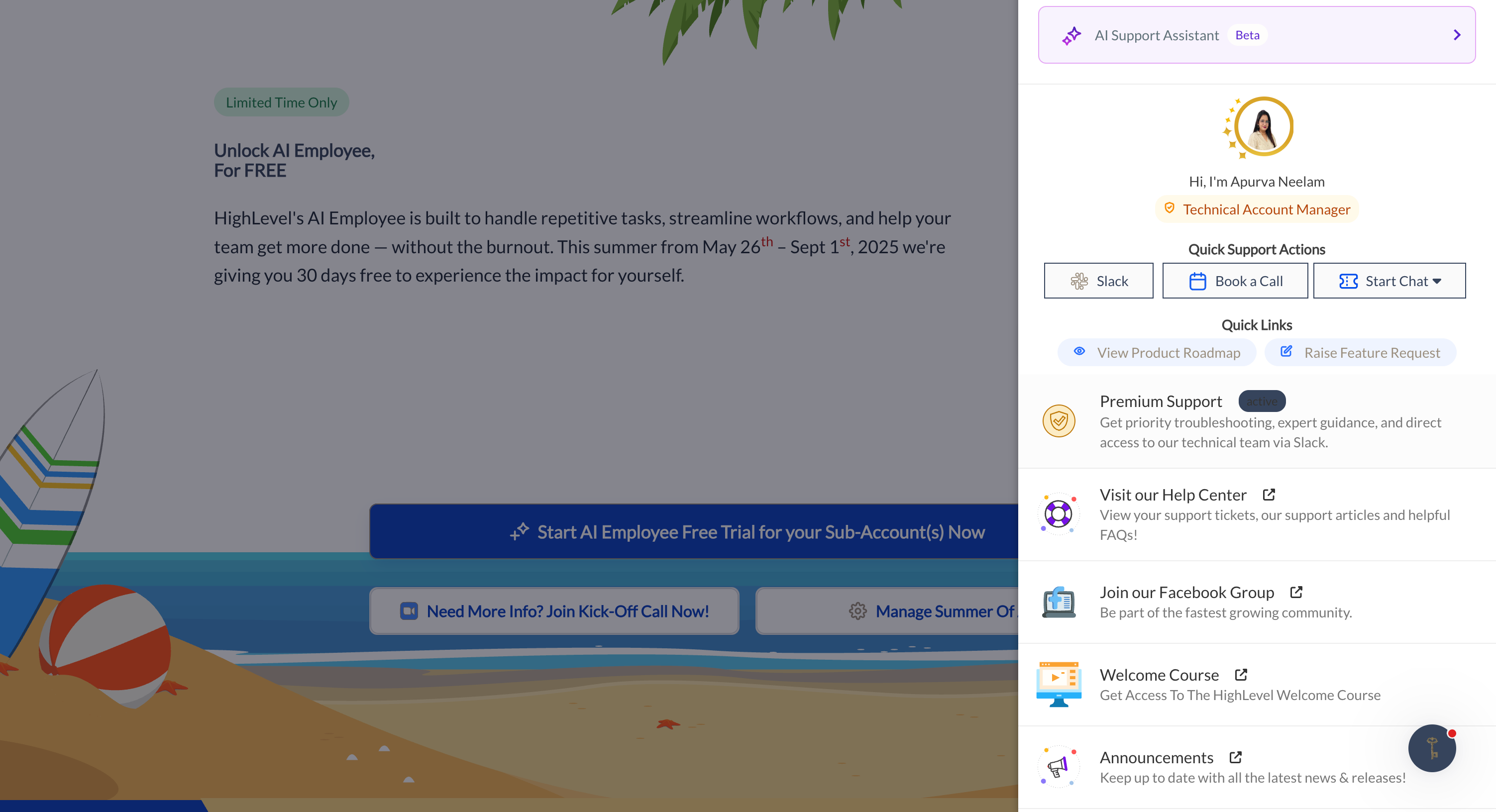 HighLevel Premium Support dashboard showing Slack access, technical account manager, and 24/7 support options for agencies.