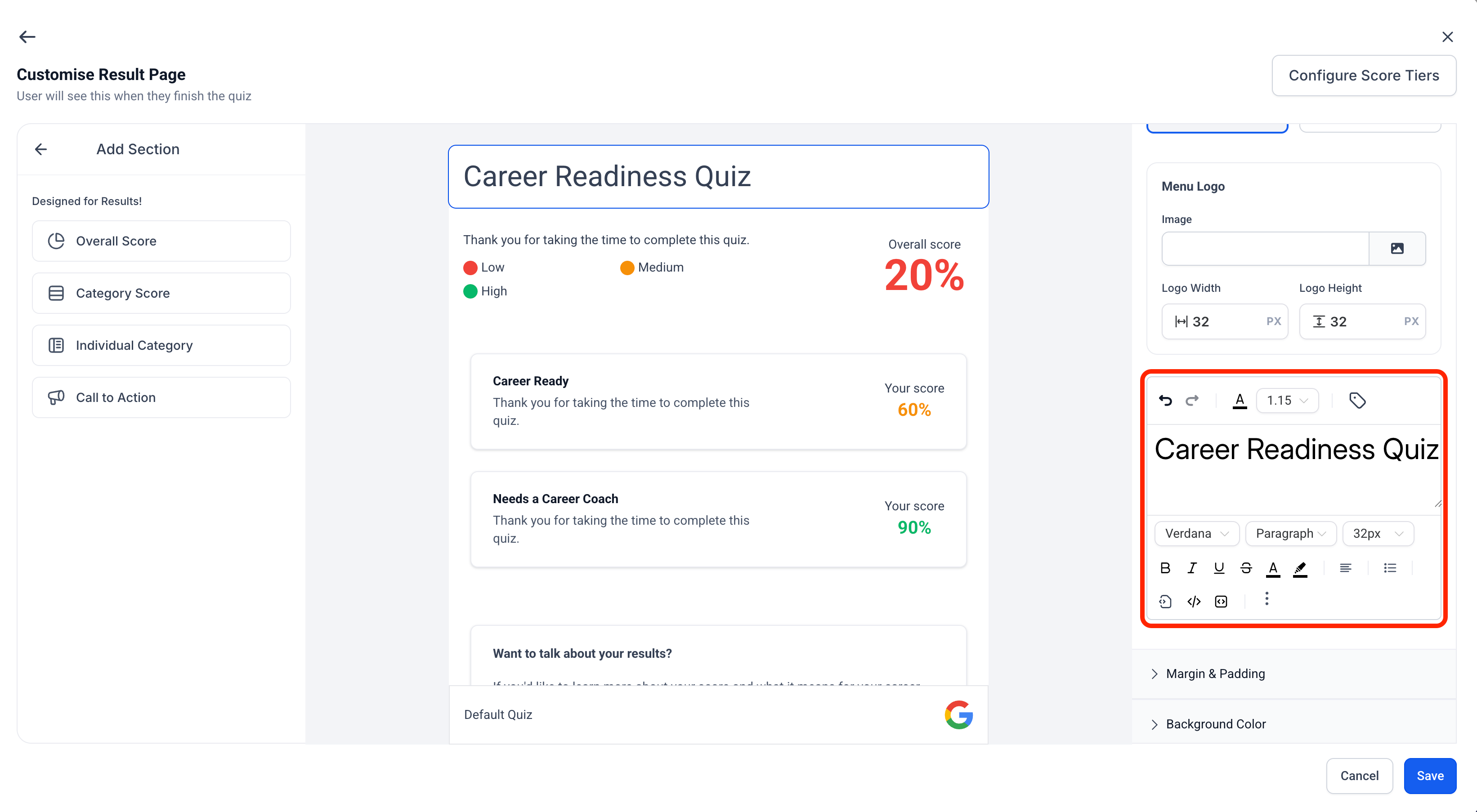 HighLevel quiz builder interface showing a customizable results page with category scores, personalized messages, and a rich text editor for styling content.