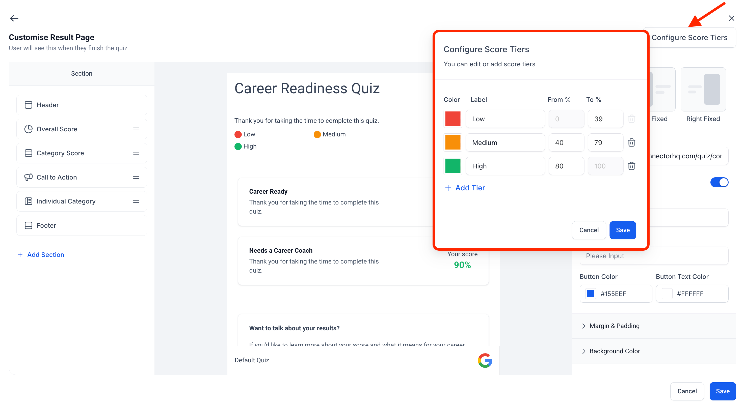 HighLevel quiz builder's score tier configuration panel, with editable thresholds for Low, Medium, and High categories based on user quiz scores.