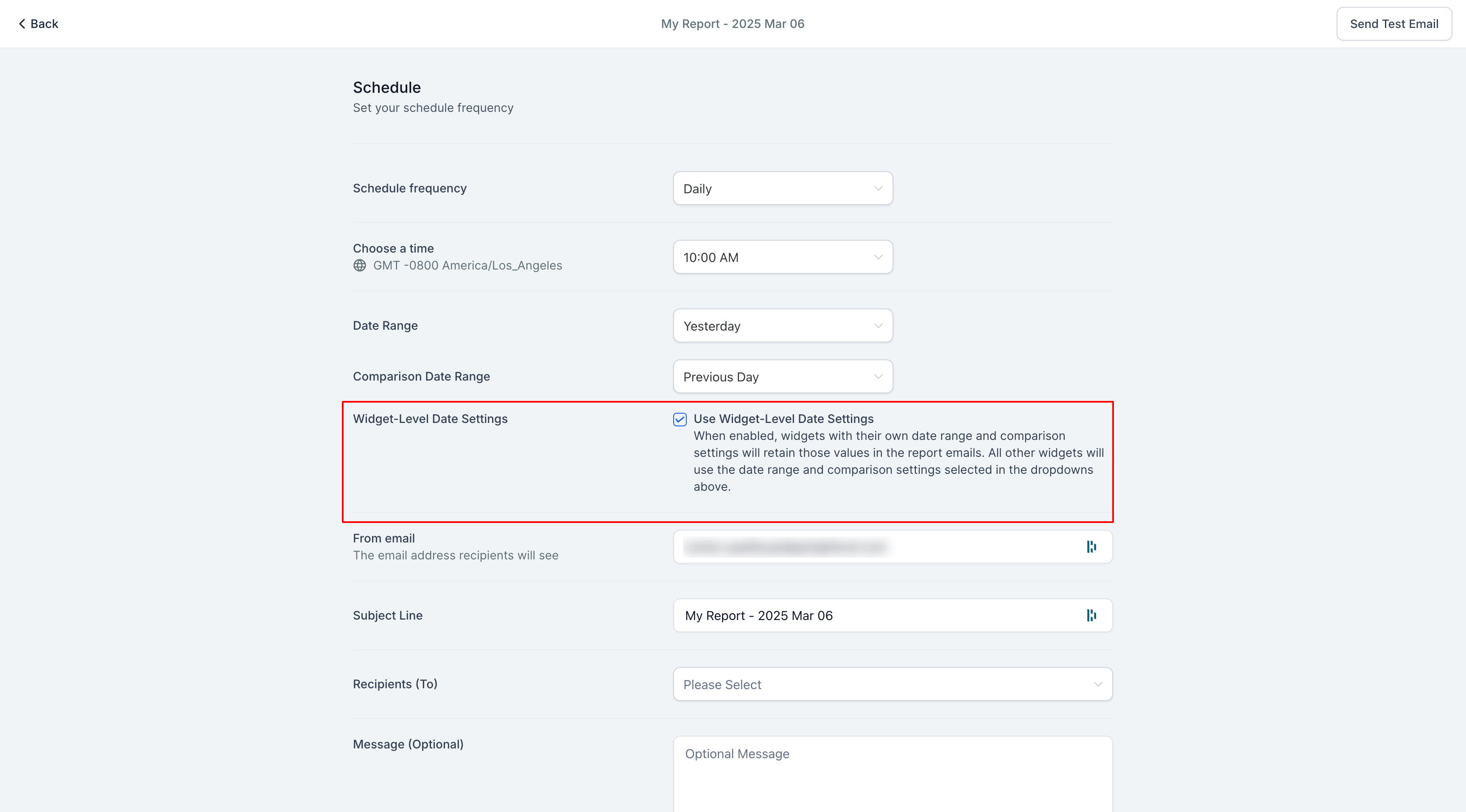 HighLevel reporting schedule interface showing 