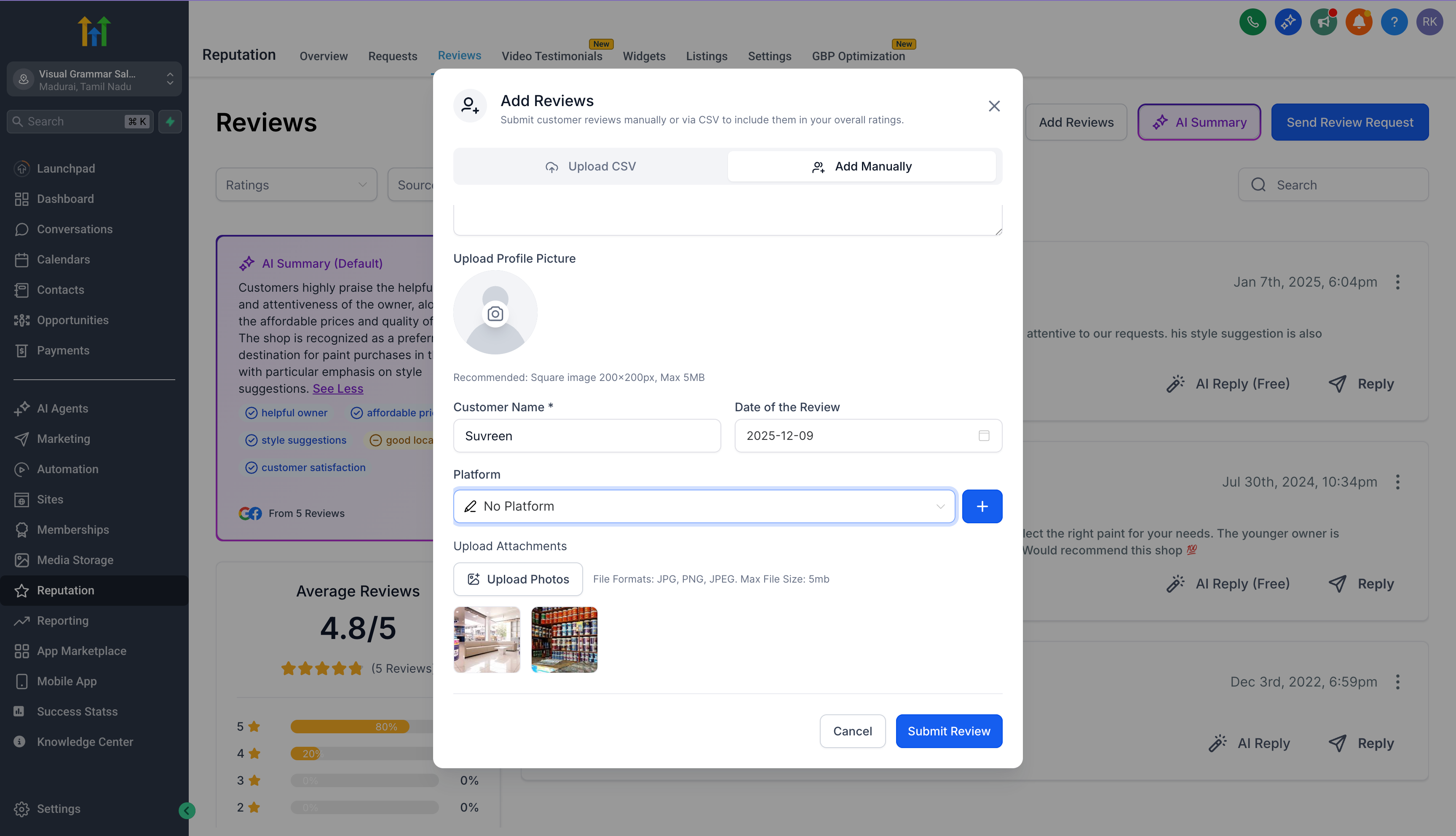 HighLevel Reputation Manager showing manual review entry with customer name, date, platform dropdown, and photo upload options.