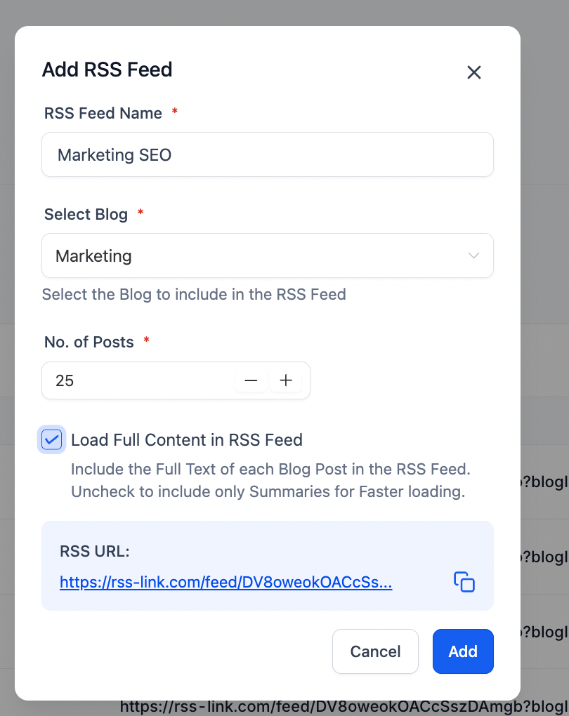 HighLevel RSS feed setup window with full content enabled for 25 blog posts from the Marketing blog