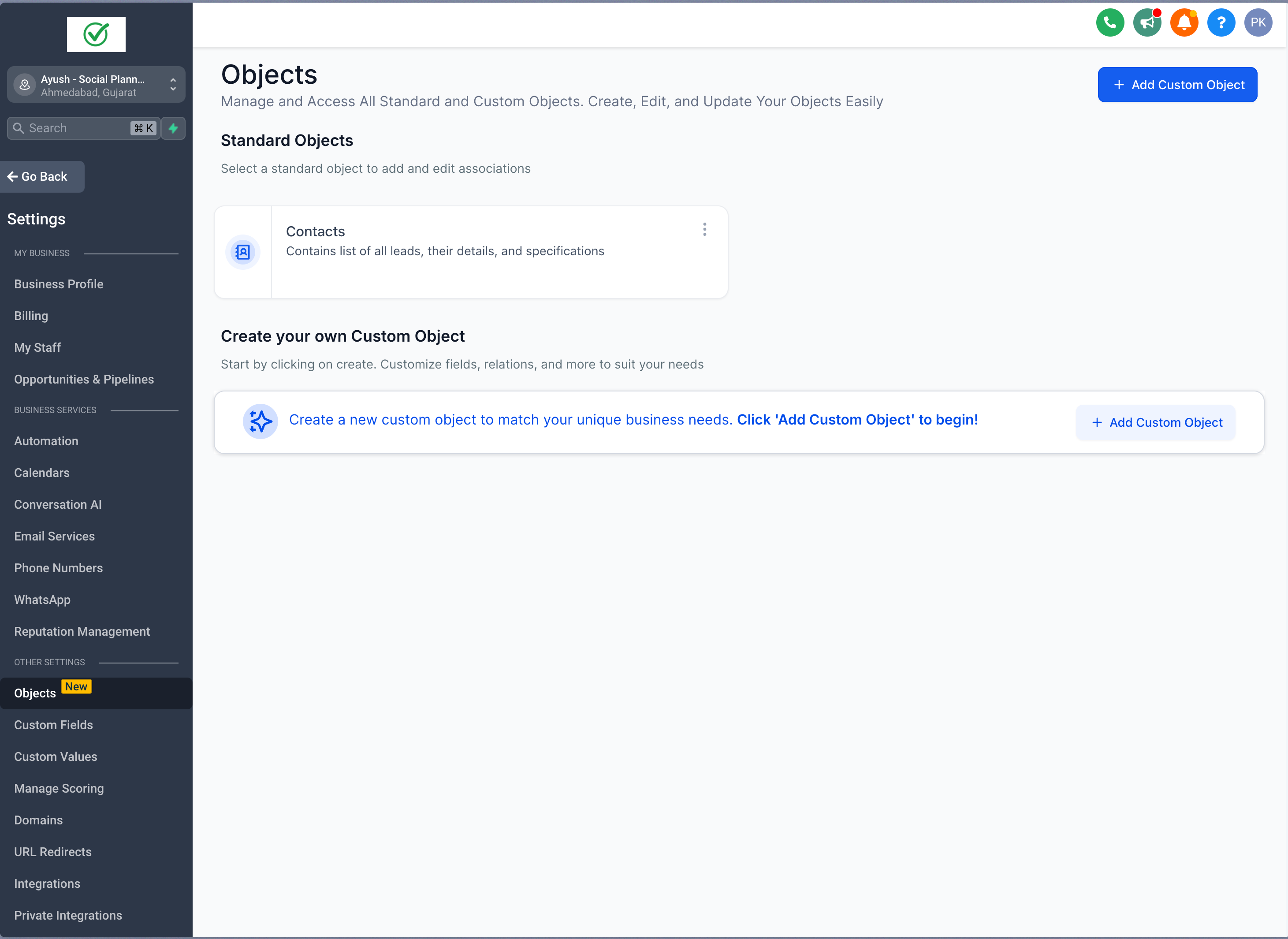 HighLevel settings panel showing updated "Objects" UI with standard Contacts object and option to create custom objects.