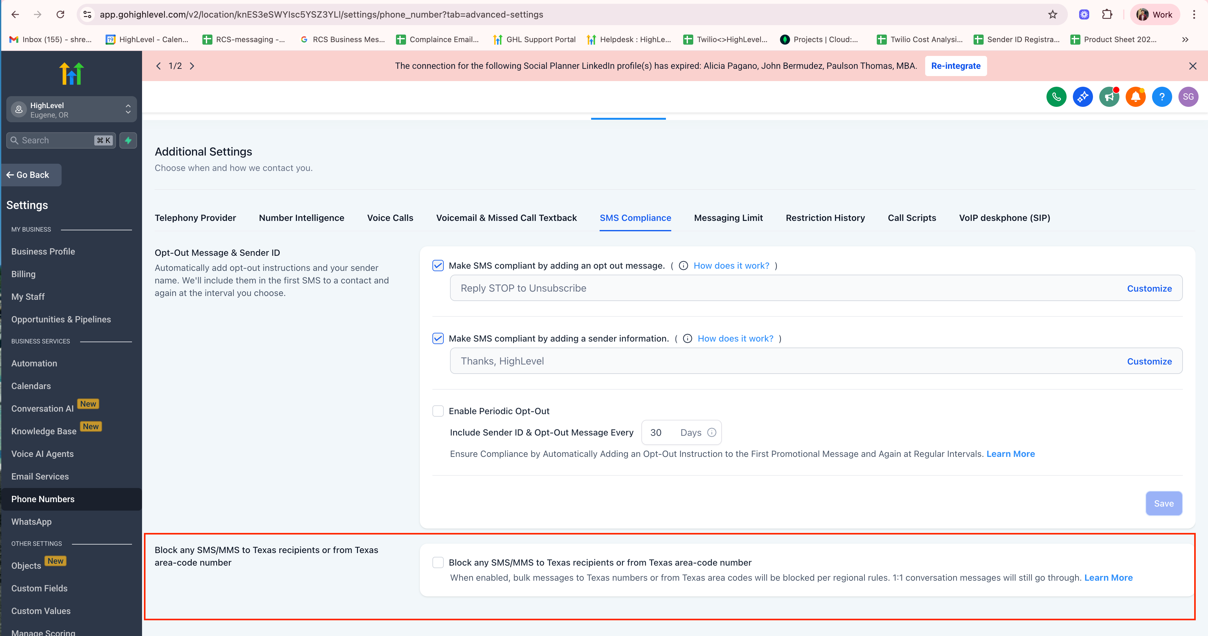 HighLevel SMS Compliance settings page showing a new option to block SMS/MMS messages to Texas recipients or from Texas area-code numbers, with the toggle currently turned off.