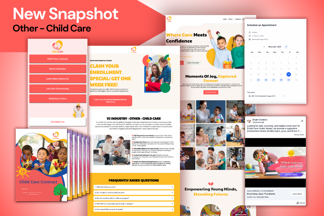 HighLevel snapshot preview showing child care templates for websites, funnels, contracts, and scheduling