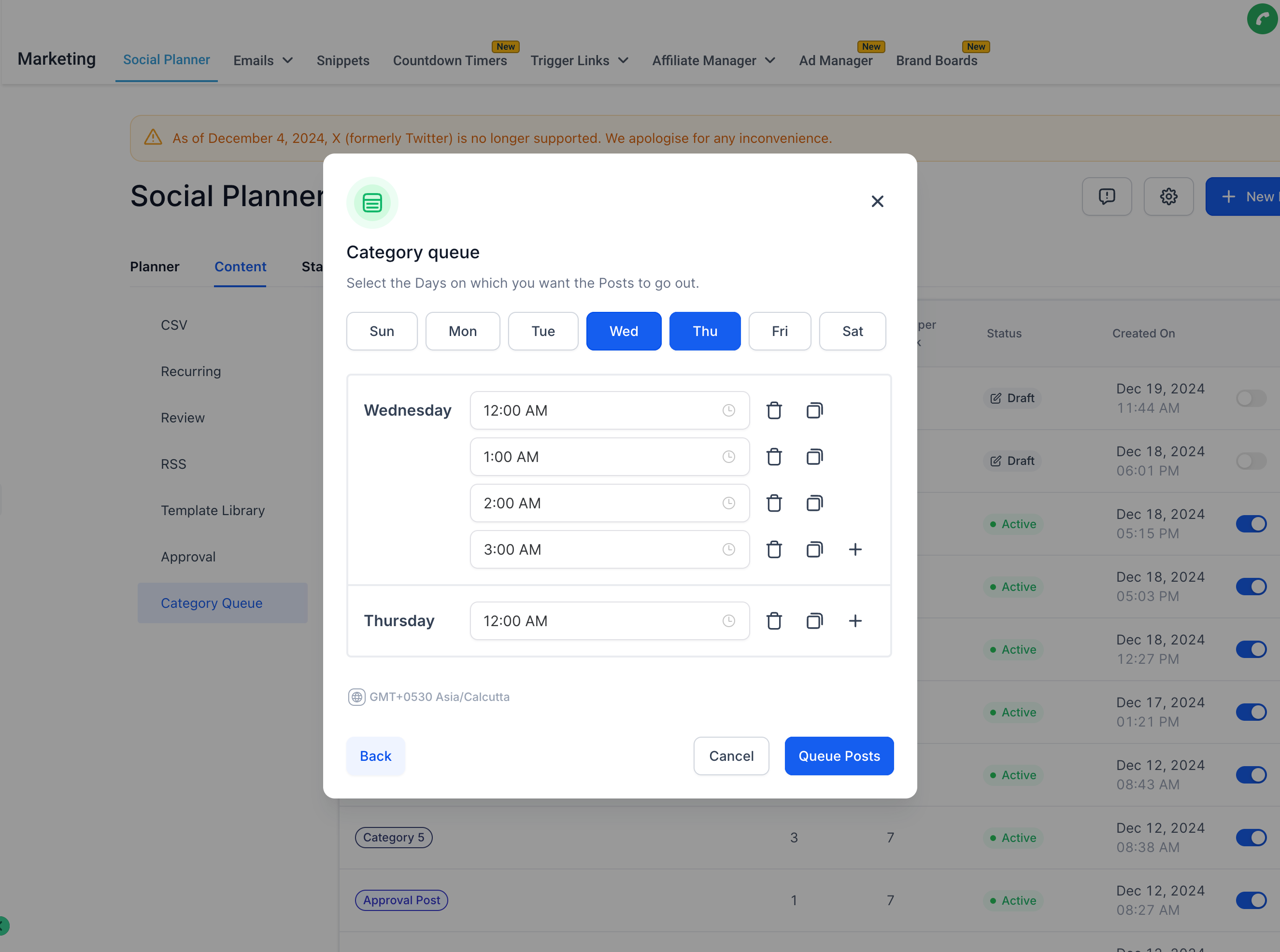 HighLevel Social Planner content queue setup with recurring post scheduling options by day and hour