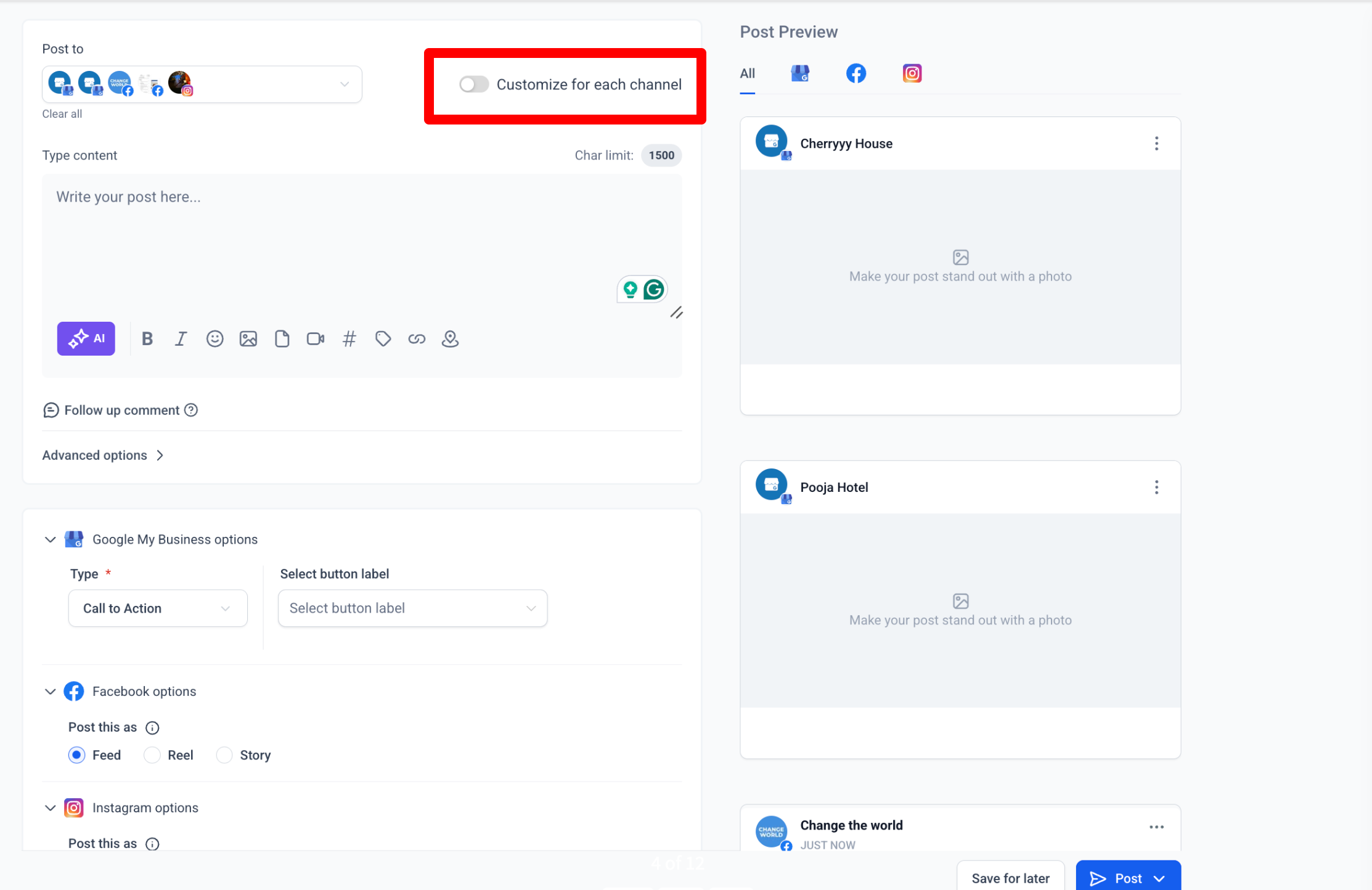 HighLevel Social Planner interface showing the 'Customize for each channel' toggle, with options to tailor posts for Facebook, Instagram, and Google My Business.