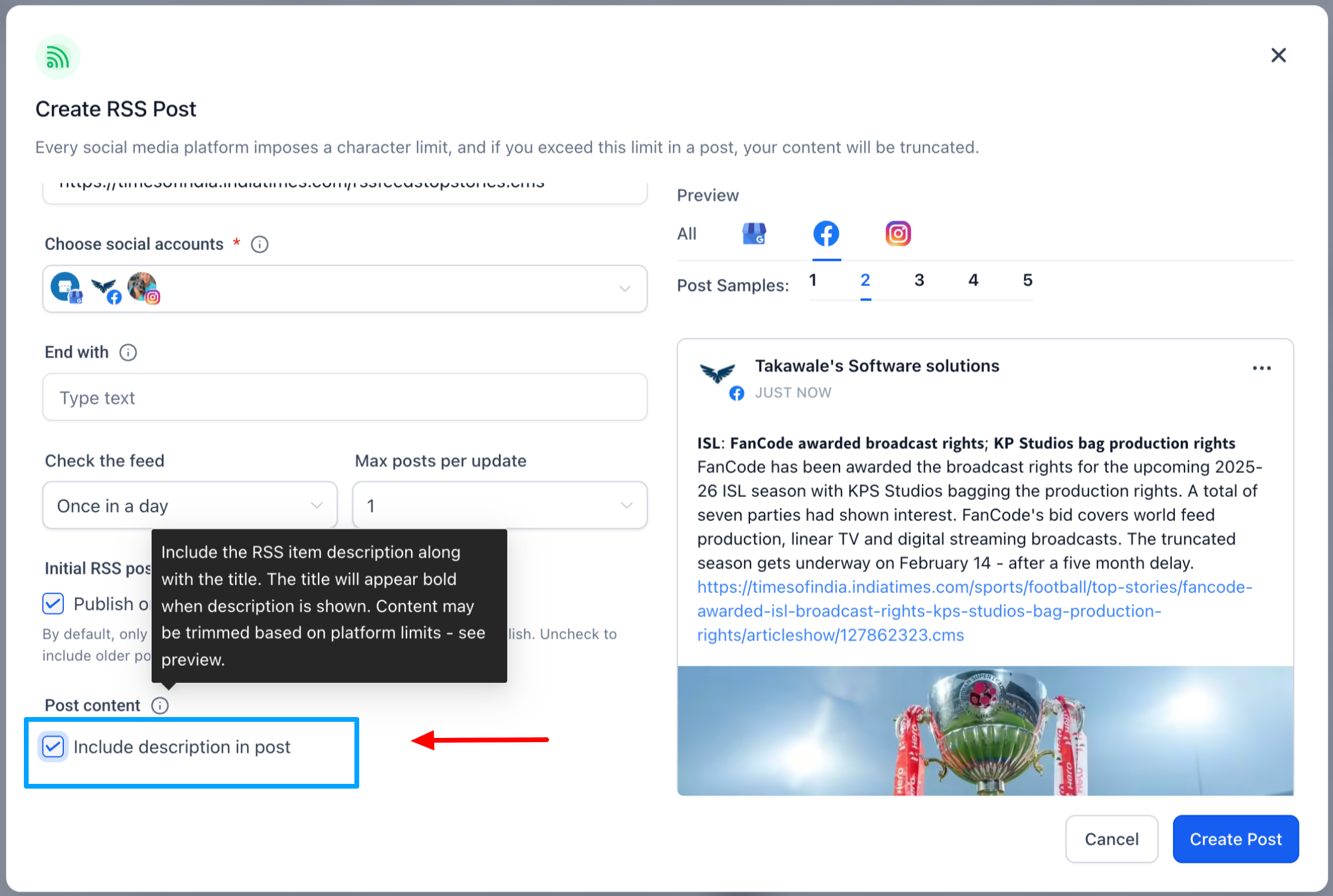 HighLevel Social Planner RSS post setup with option to include post description