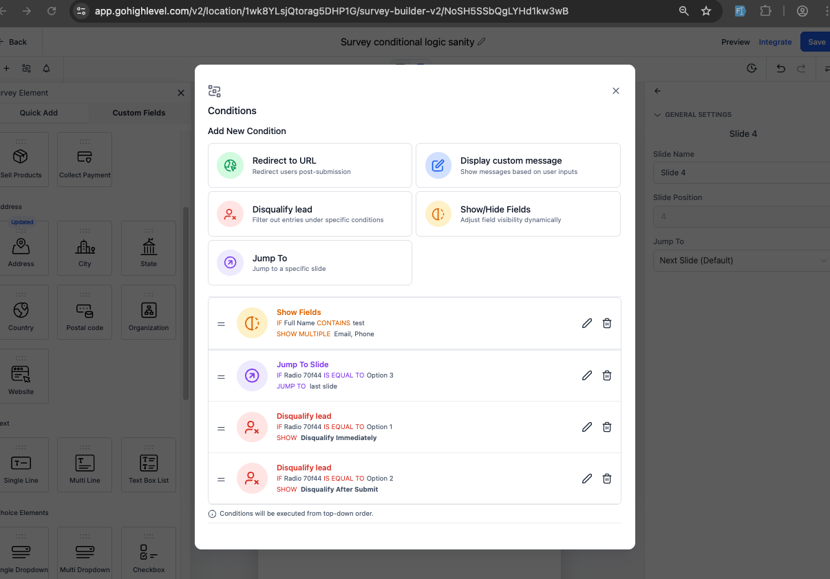 HighLevel survey conditional logic builder interface with multiple logic options and field rules