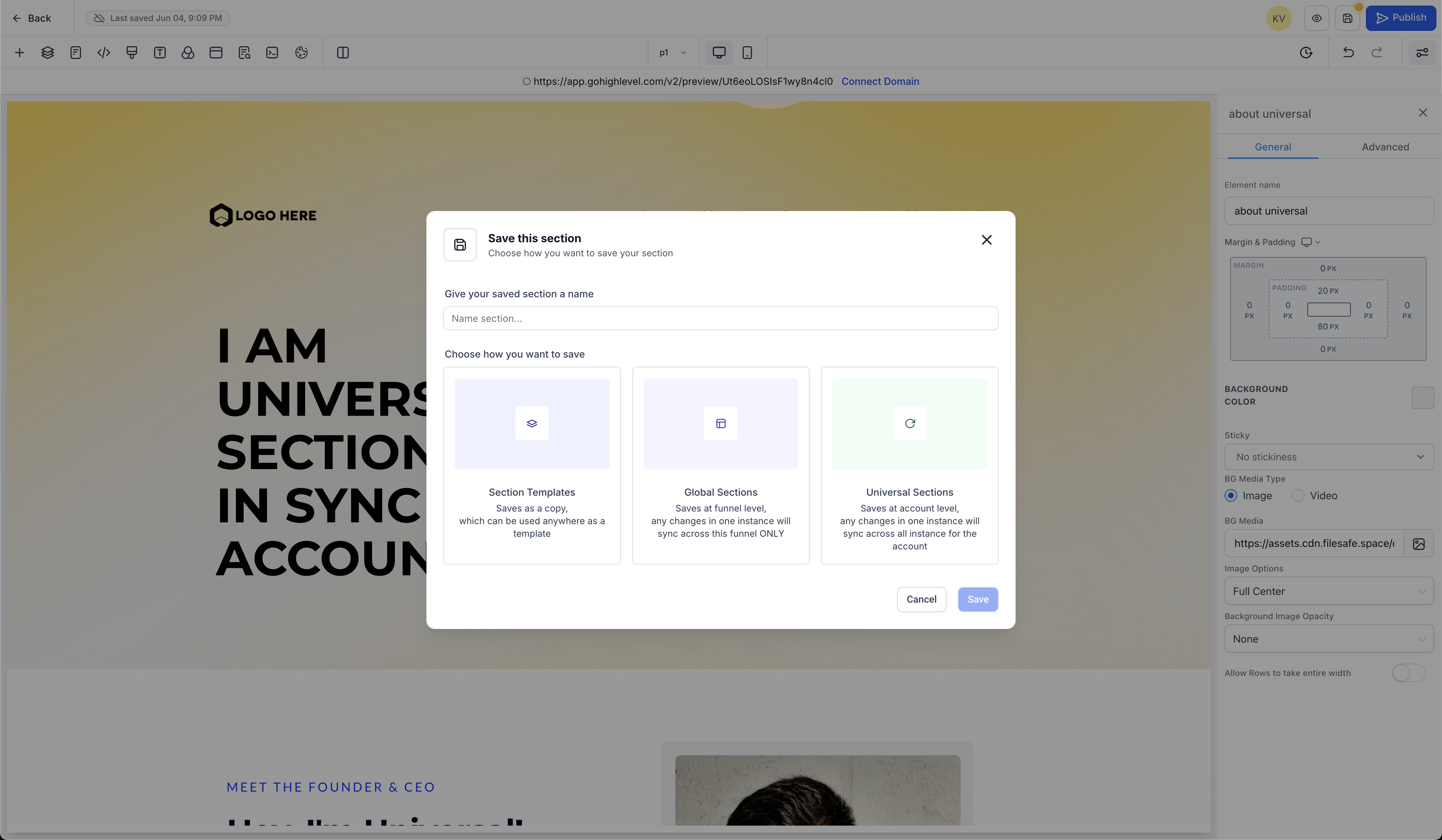 HighLevel universal sections for synced design across funnels, pages, and sites