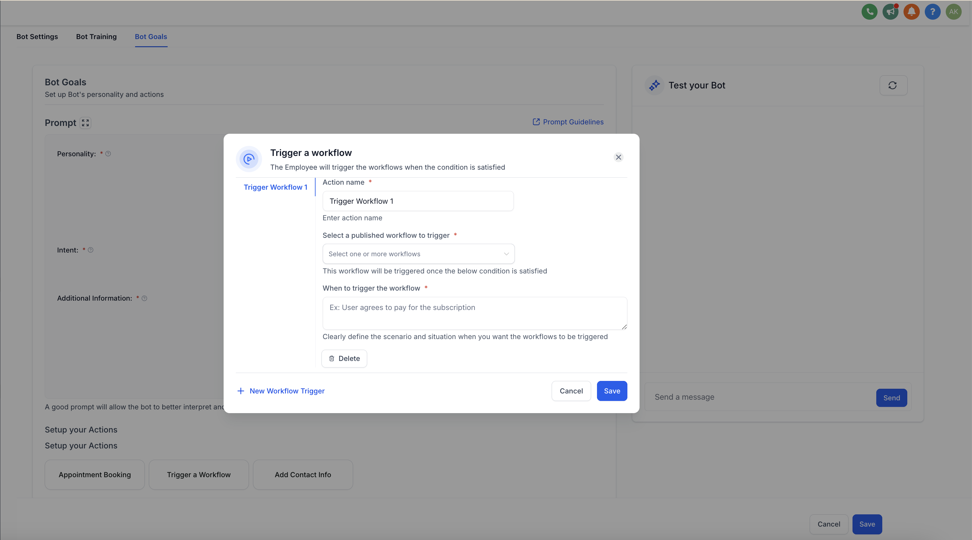 HighLevel Voice AI bot setup screen showing 'Trigger a Workflow' popup. User can name the action, choose a workflow, and define trigger conditions for the bot to automatically run automations based on conversation logic.