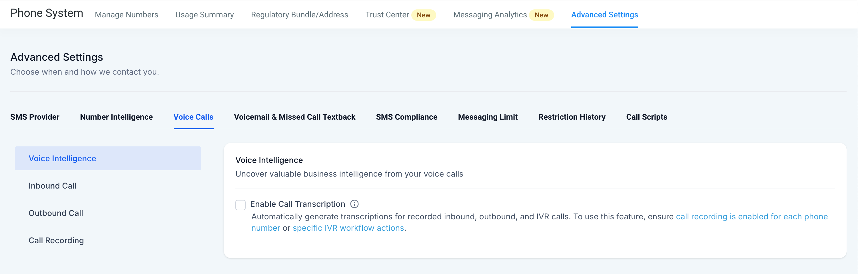 HighLevel Voice Intelligence settings under Phone System showing option to enable call transcription for inbound, outbound, and IVR calls.
