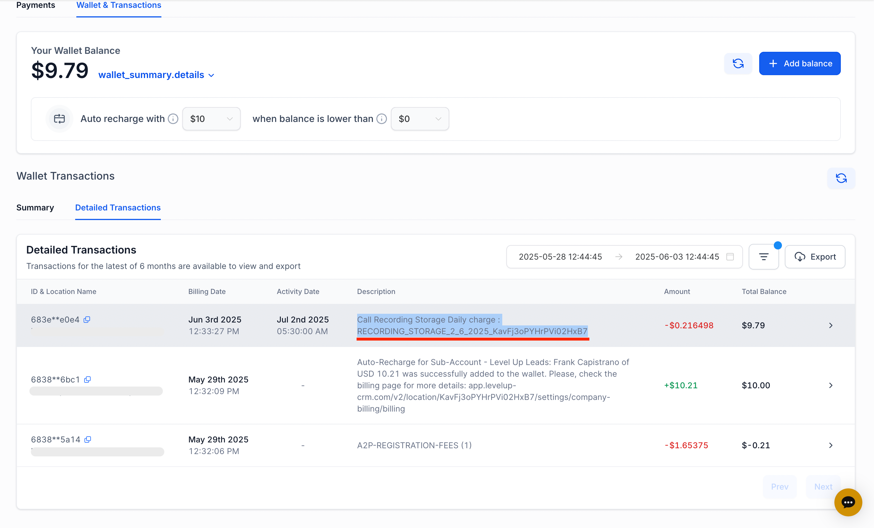 HighLevel wallet transaction showing daily charge for call recording storage with billing details.