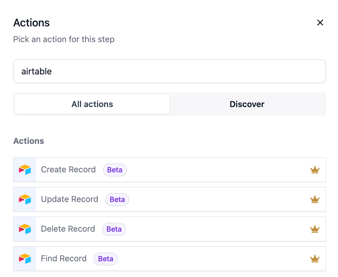 HighLevel workflow action panel with Airtable actions listed: Create Record, Update Record, Delete Record, and Find Record. all marked as Beta and Premium.