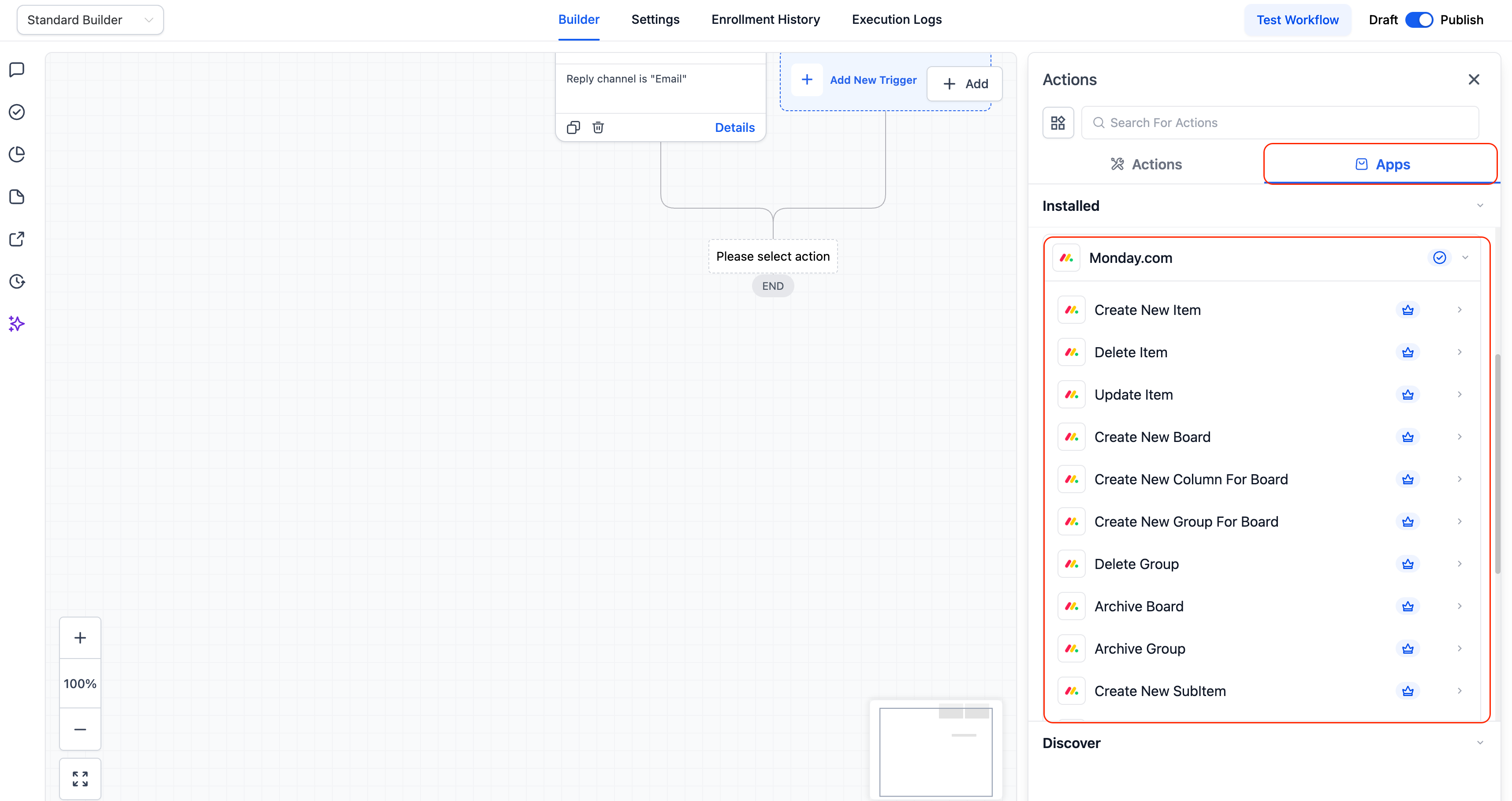 HighLevel workflow actions panel showing monday.com actions like create and update item