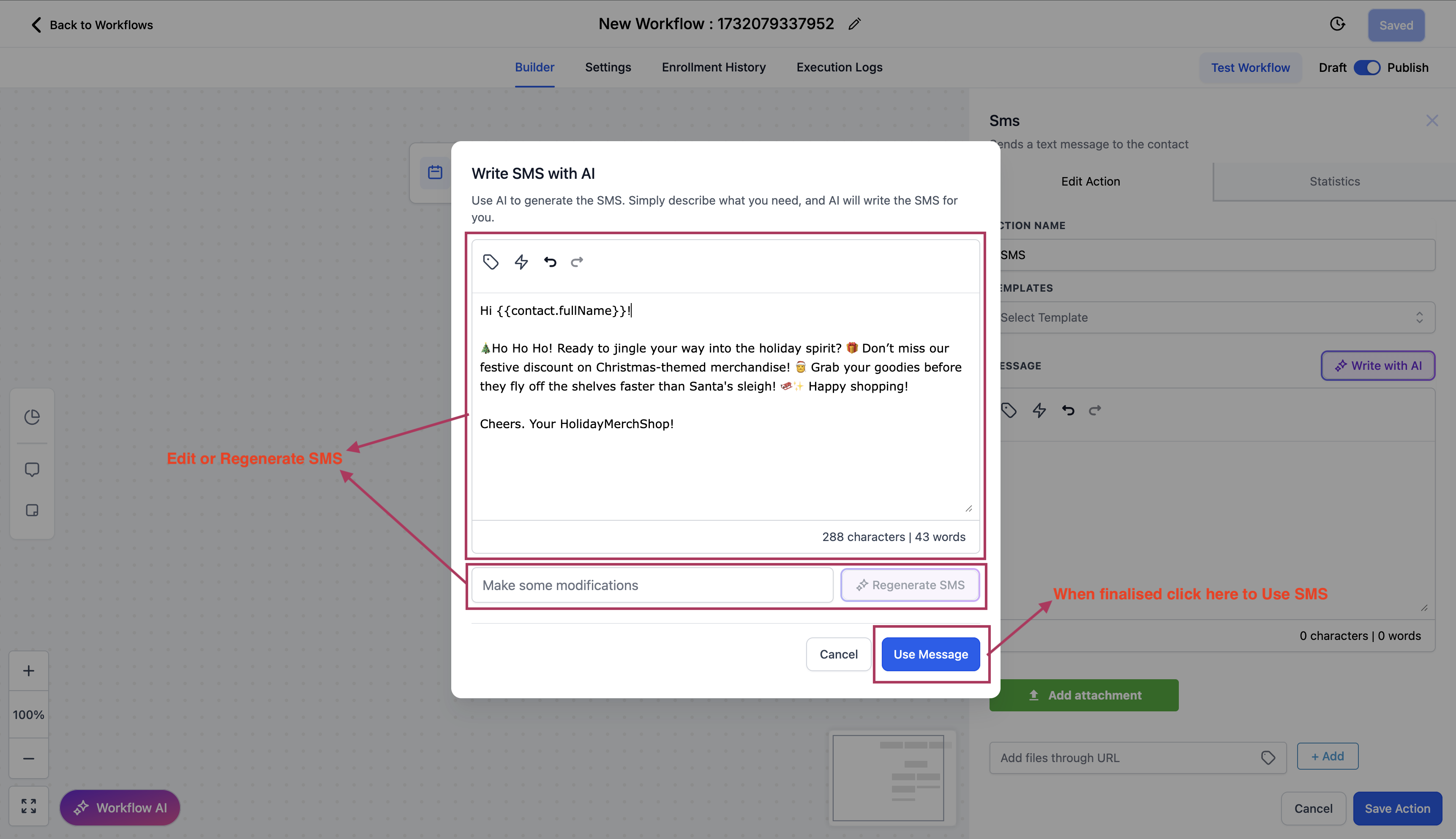HighLevel workflow builder showing AI-generated SMS preview with options to edit, regenerate, and use the message.