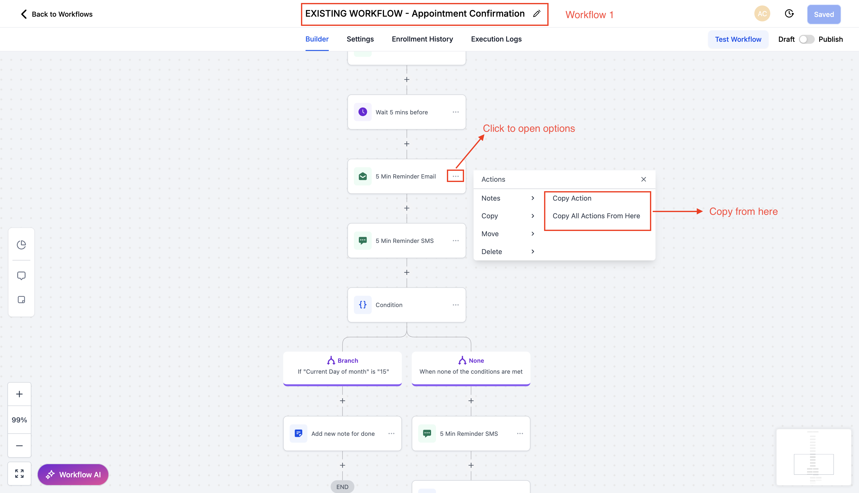 HighLevel workflow builder showing option to copy or copy all actions across workflows.