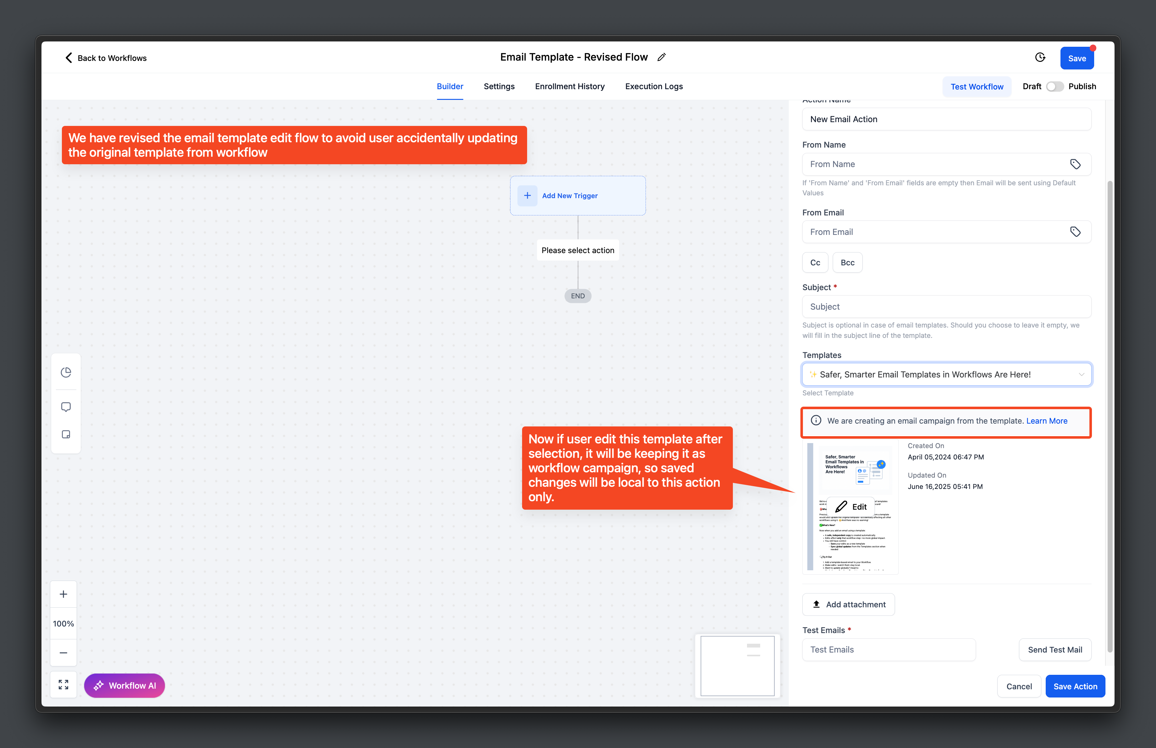 HighLevel workflow builder showing revised email template flow with localized edits to prevent changes across other automations