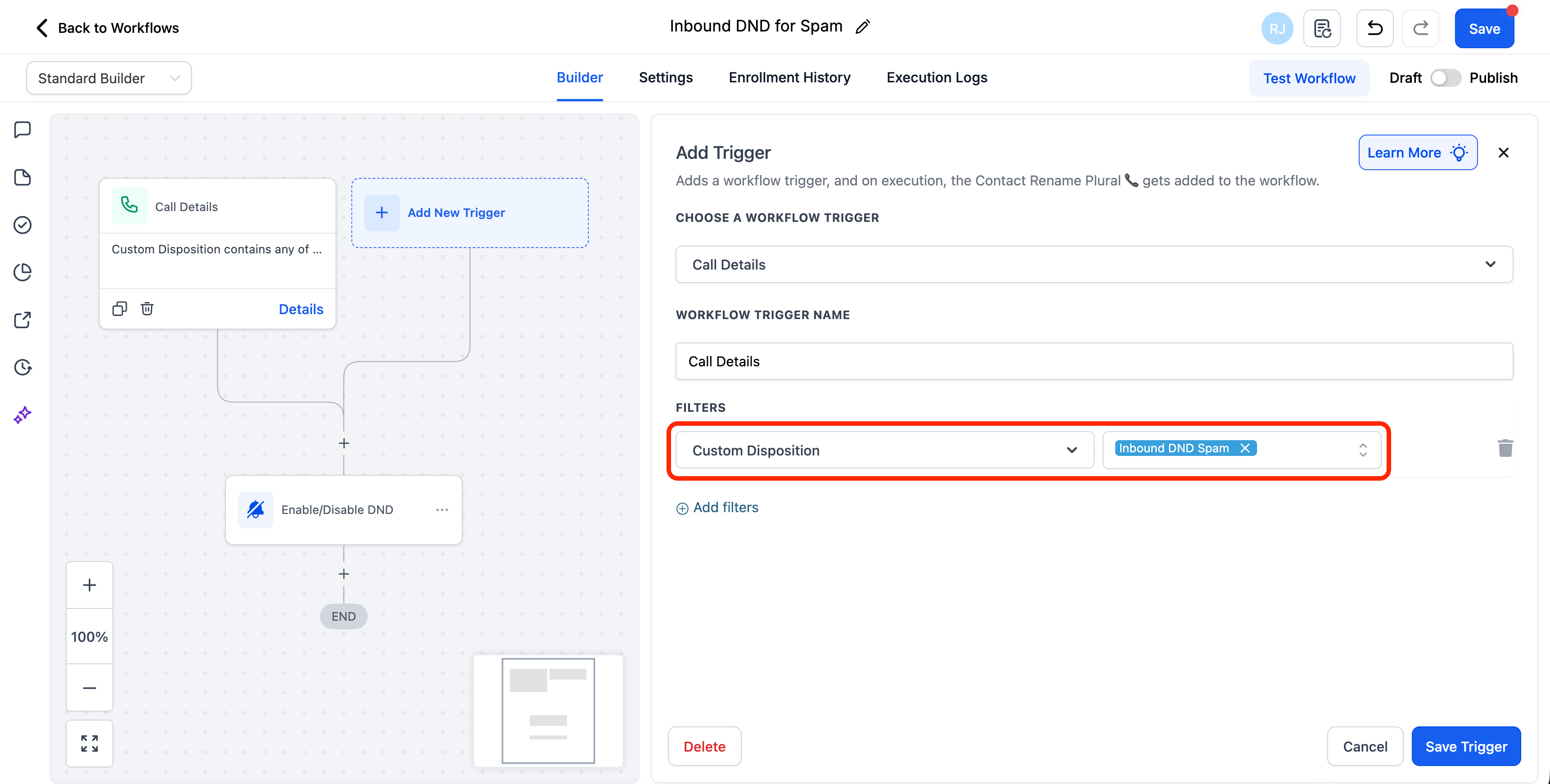 HighLevel Workflow Builder with a call trigger using a custom disposition filter labeled 