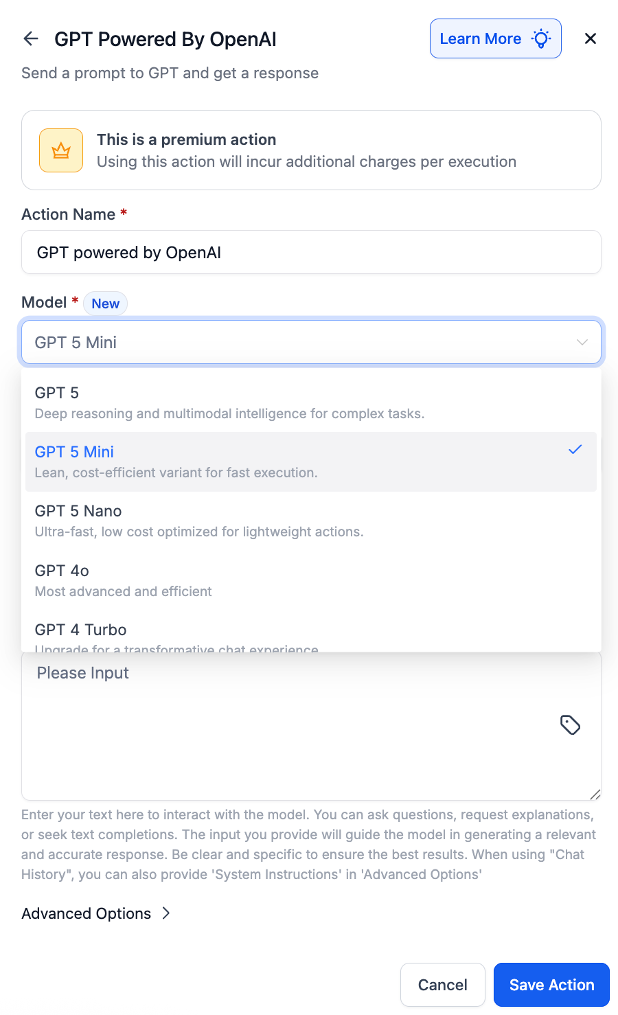 HighLevel workflow configuration screen for the GPT Powered By OpenAI action, showing a model selection dropdown with options including GPT 5, GPT 5 Mini, GPT 5 Nano, GPT 4o, and GPT 4 Turbo.