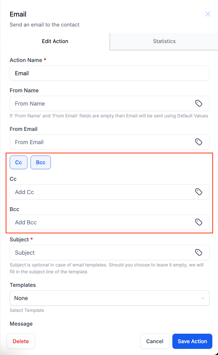 HighLevel workflow email action editor with newly added CC and BCC fields highlighted, allowing users to include additional recipients dynamically.