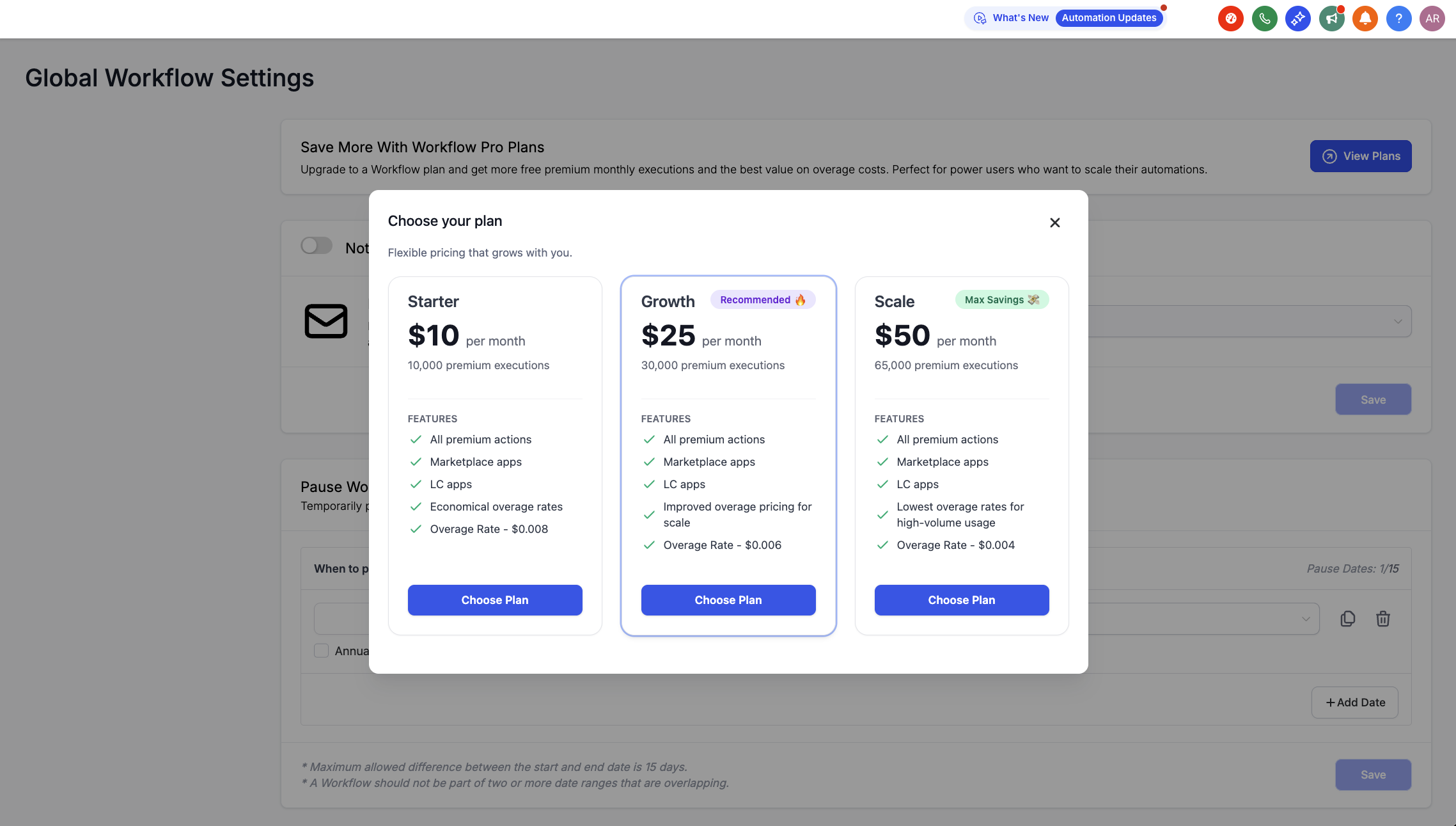 HighLevel Workflow Pro Plan pricing tiers highlighting Growth Plan at $25 per month with 30,000 premium executions.