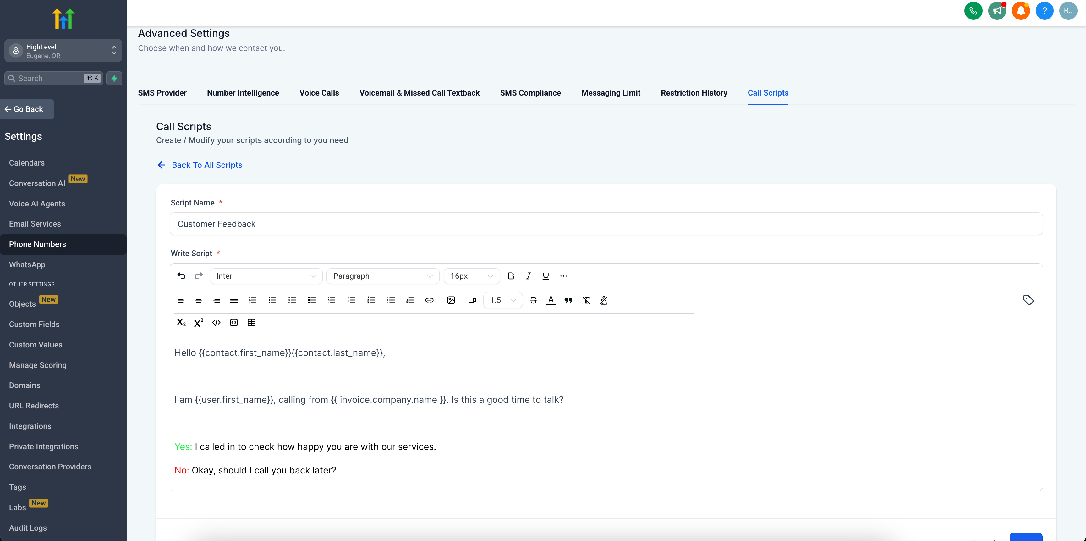 HighLevel's Call Scripts editor inside Phone Number settings, displaying a custom outbound call script with dynamic fields like contact name and user name.