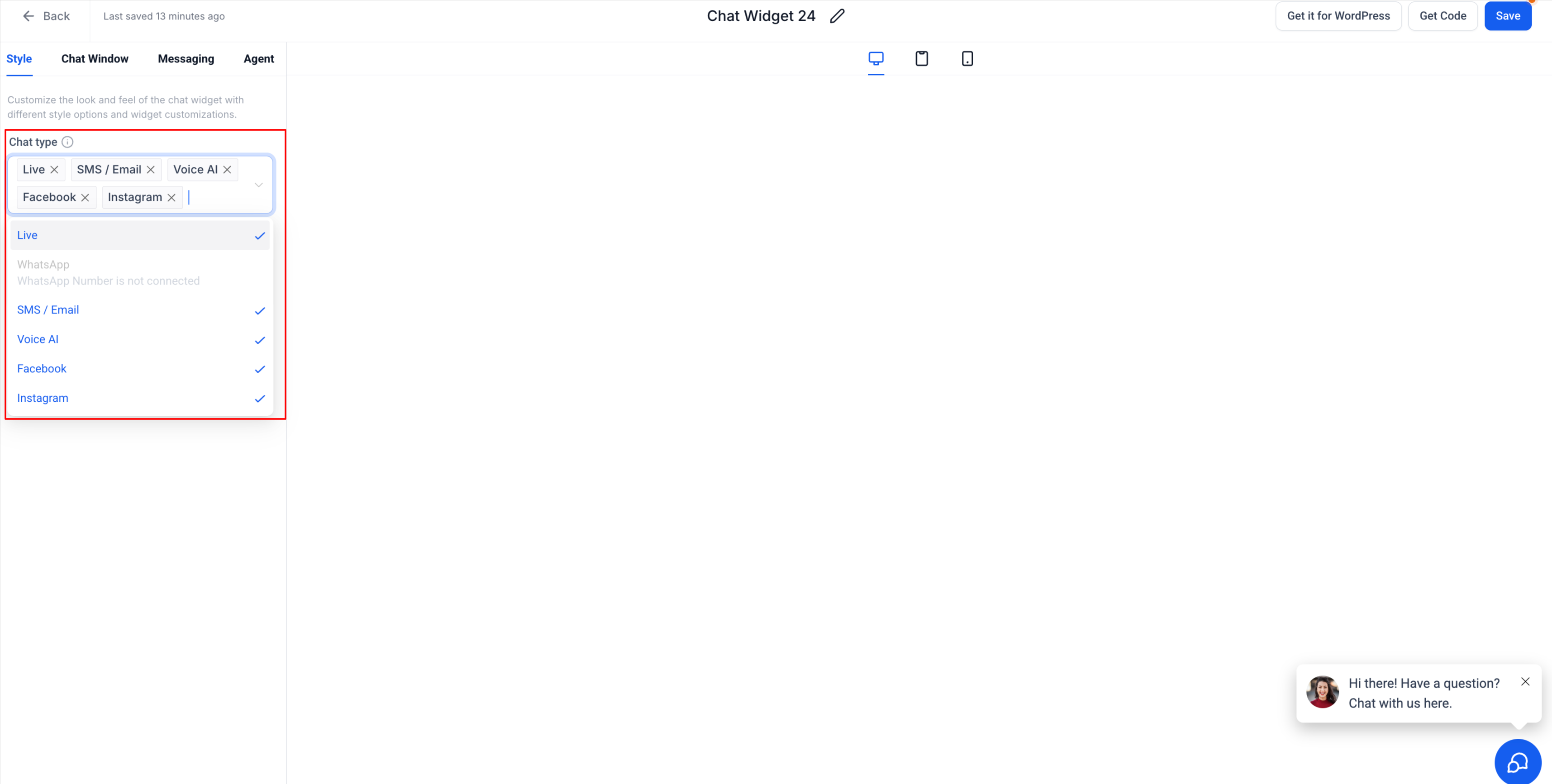 HighLevel's chat creation screen displaying chat type options including Facebook Chat and Instagram Chat, alongside Live, Voice AI, and WhatsApp, with descriptions for each.