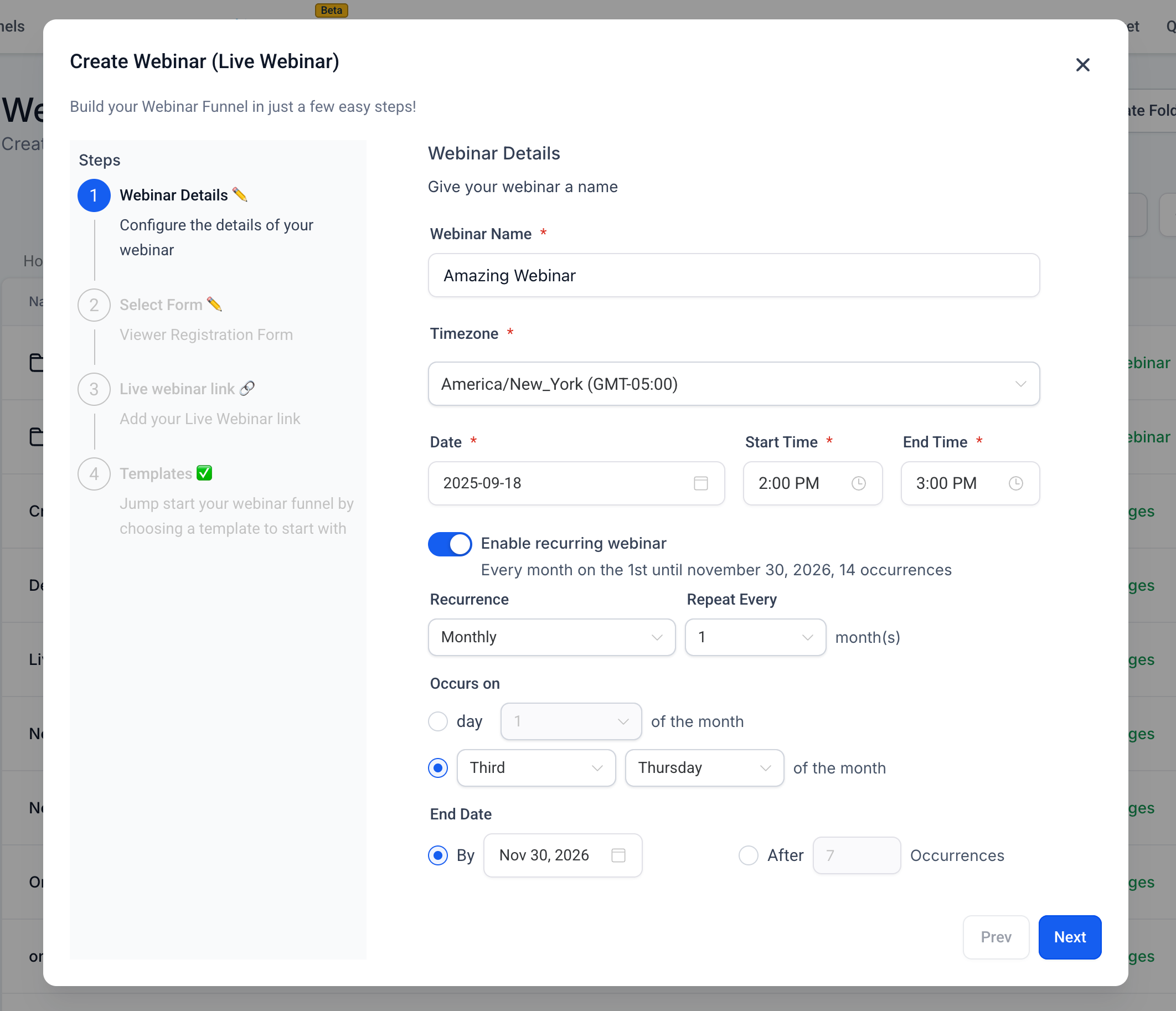 HighLevel's Create Webinar screen showing options for naming, time zone, date, time, and enabling recurring webinars with monthly frequency and custom rules.