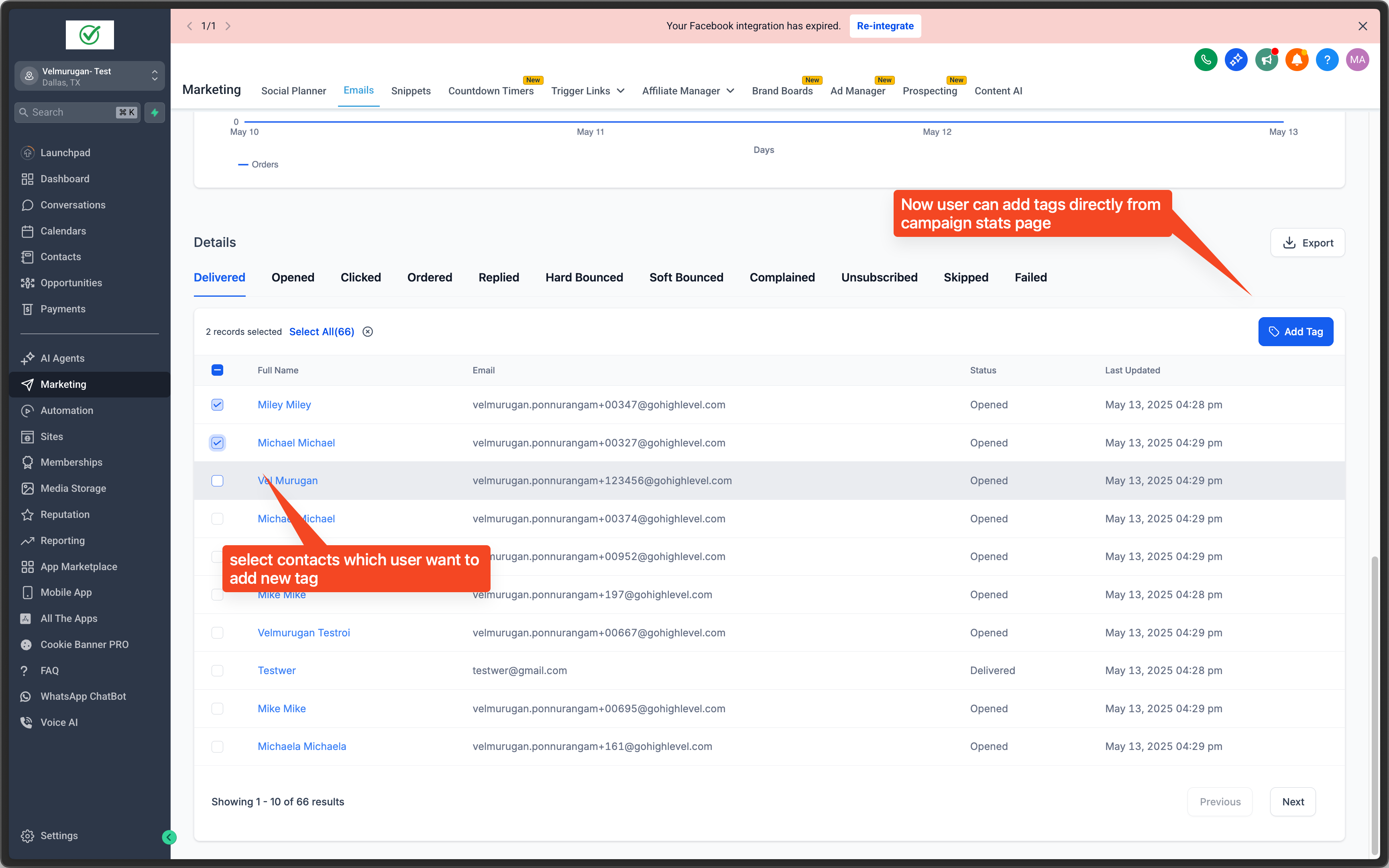 HighLevel's Email stats page allowing users to select email recipients and tag contacts directly based on interaction, with a callout showing how to apply tags like 
