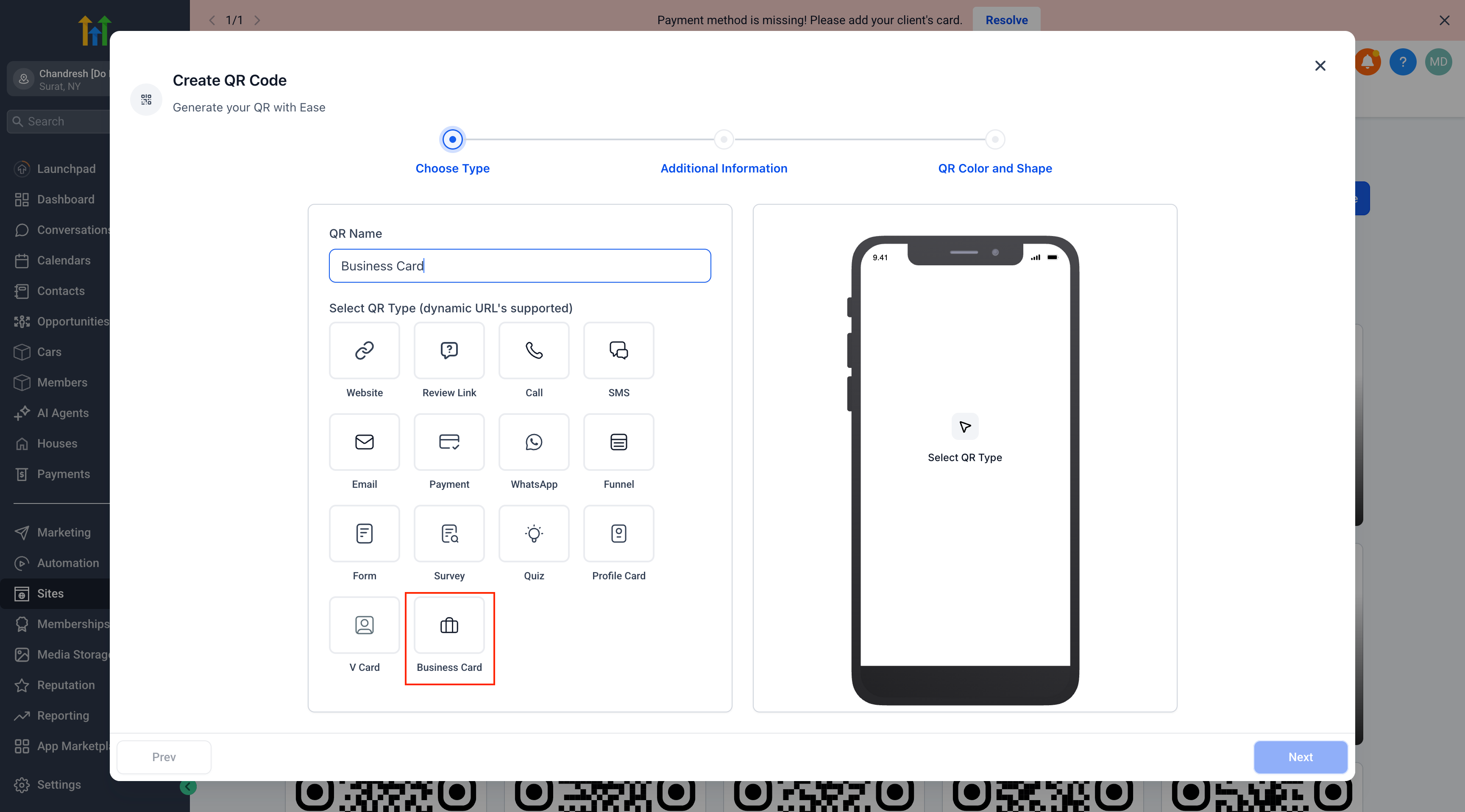 HighLevel's QR Code generator interface showing options to create a QR code for different types, including Website, SMS, V Card, and Business Card, with 'Business Card' selected.