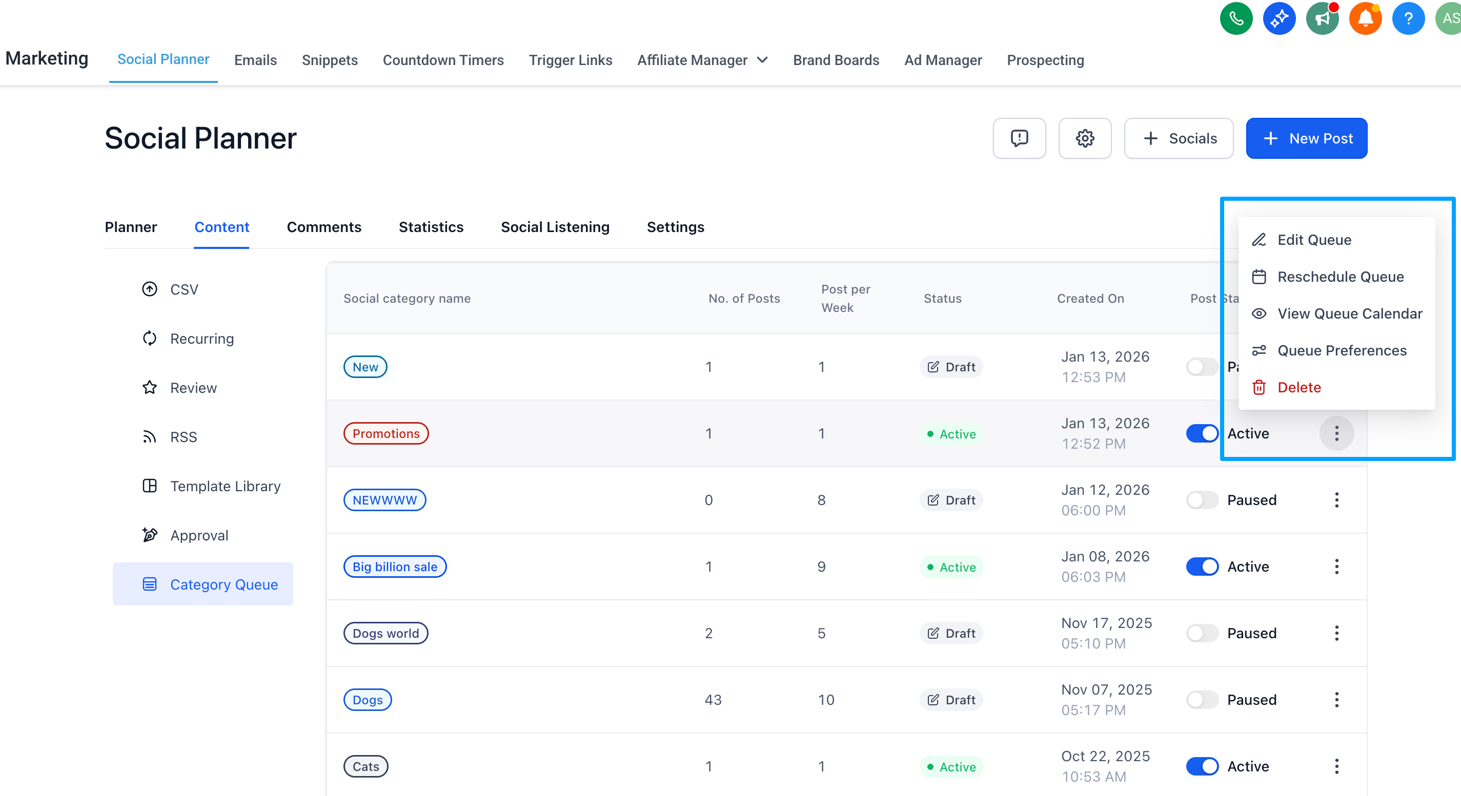 HighLevel's Social Planner category queue screen. A dropdown reveals new edit options including 