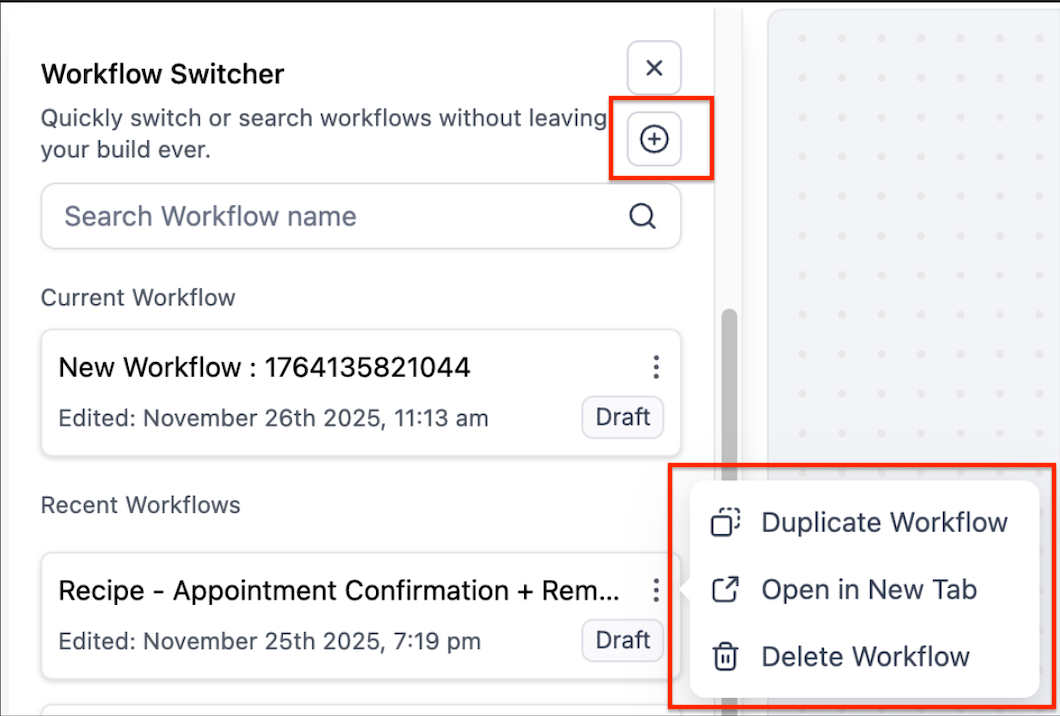HighLevel's Workflow Switcher interface with recent workflows, search bar, and quick options to duplicate, open in new tab, or delete.