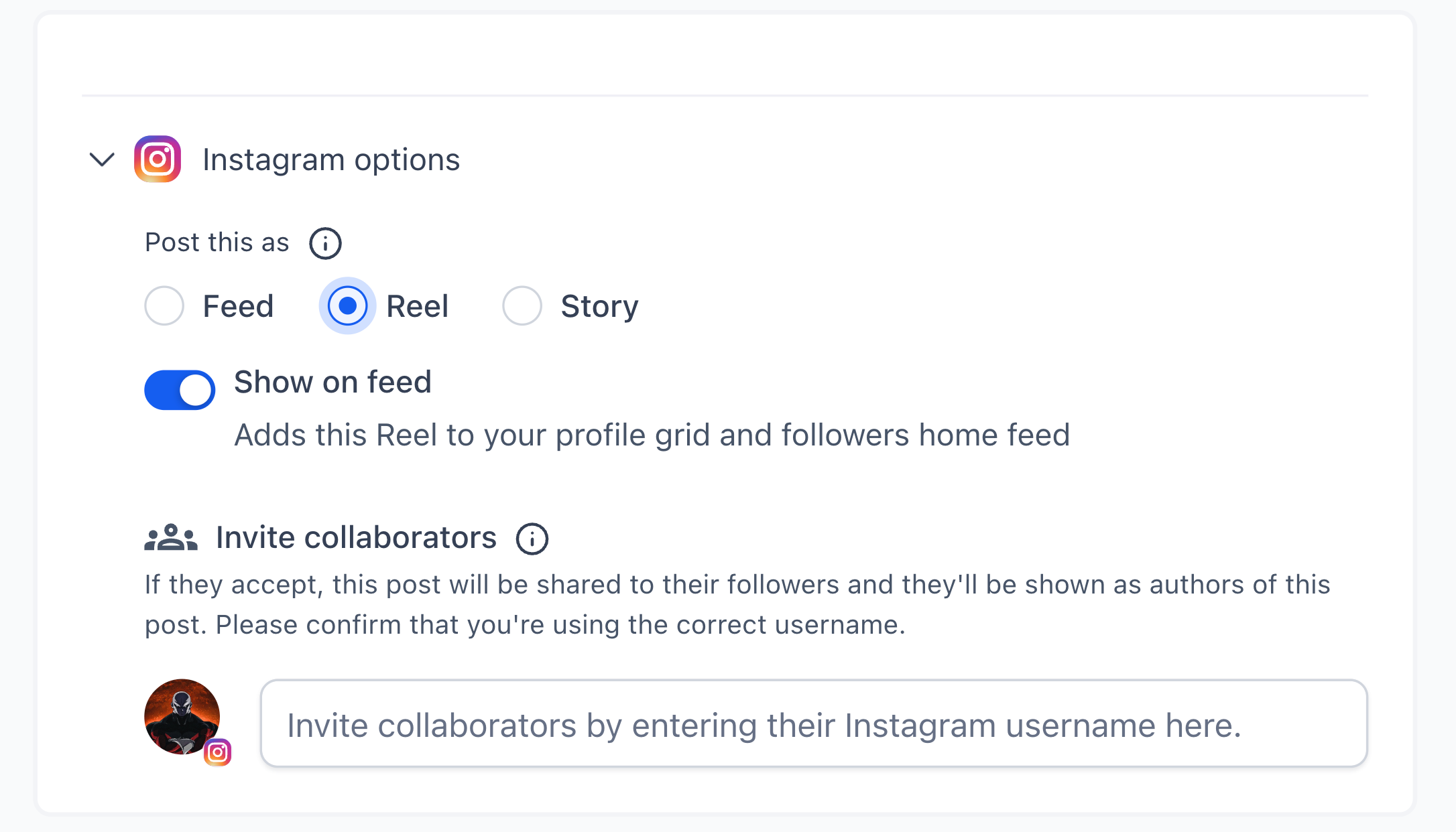 Instagram publishing options in HighLevel's Social Planner showing the toggle to remove Reels from the profile feed.