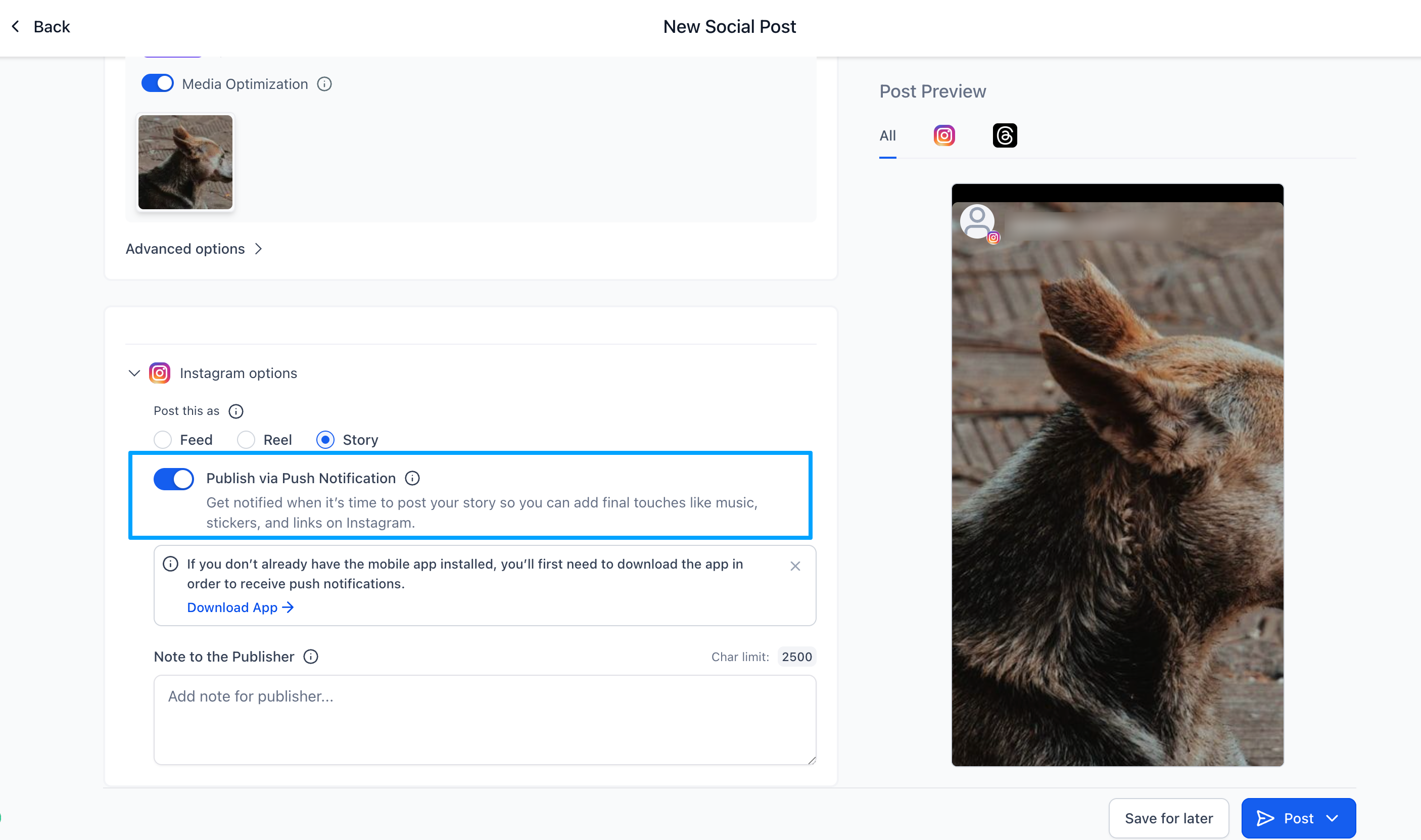 Instagram Story posting interface in HighLevel with 