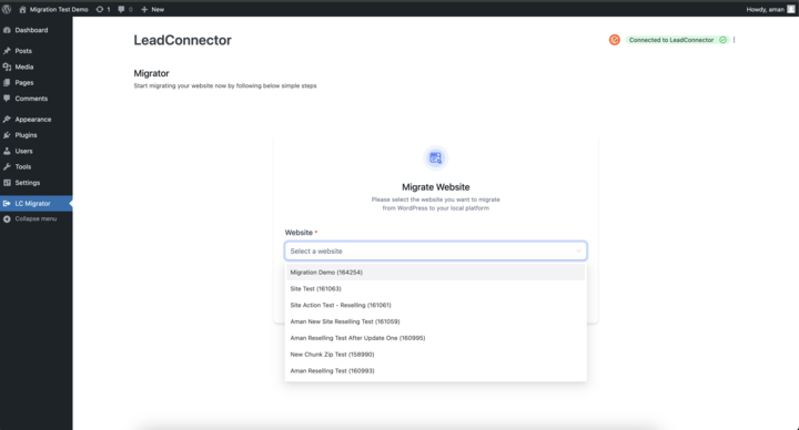 LeadConnector plugin interface for selecting and migrating a WordPress website to HighLevel's hosting.