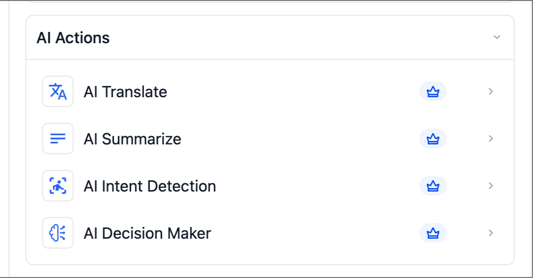 List of available AI Actions in HighLevel workflows, including AI Translate, Summarize, Intent Detection, and Decision Maker, all marked with premium icons.