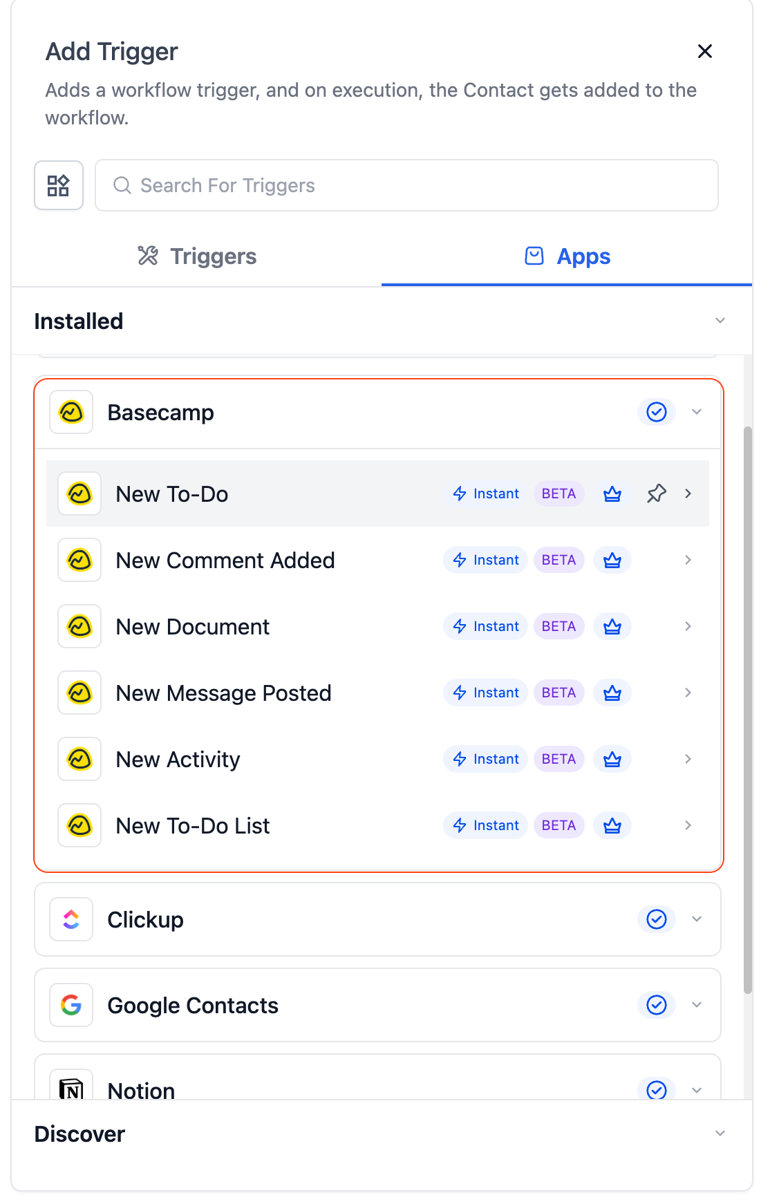 List of workflow trigger options from Basecamp integration including 