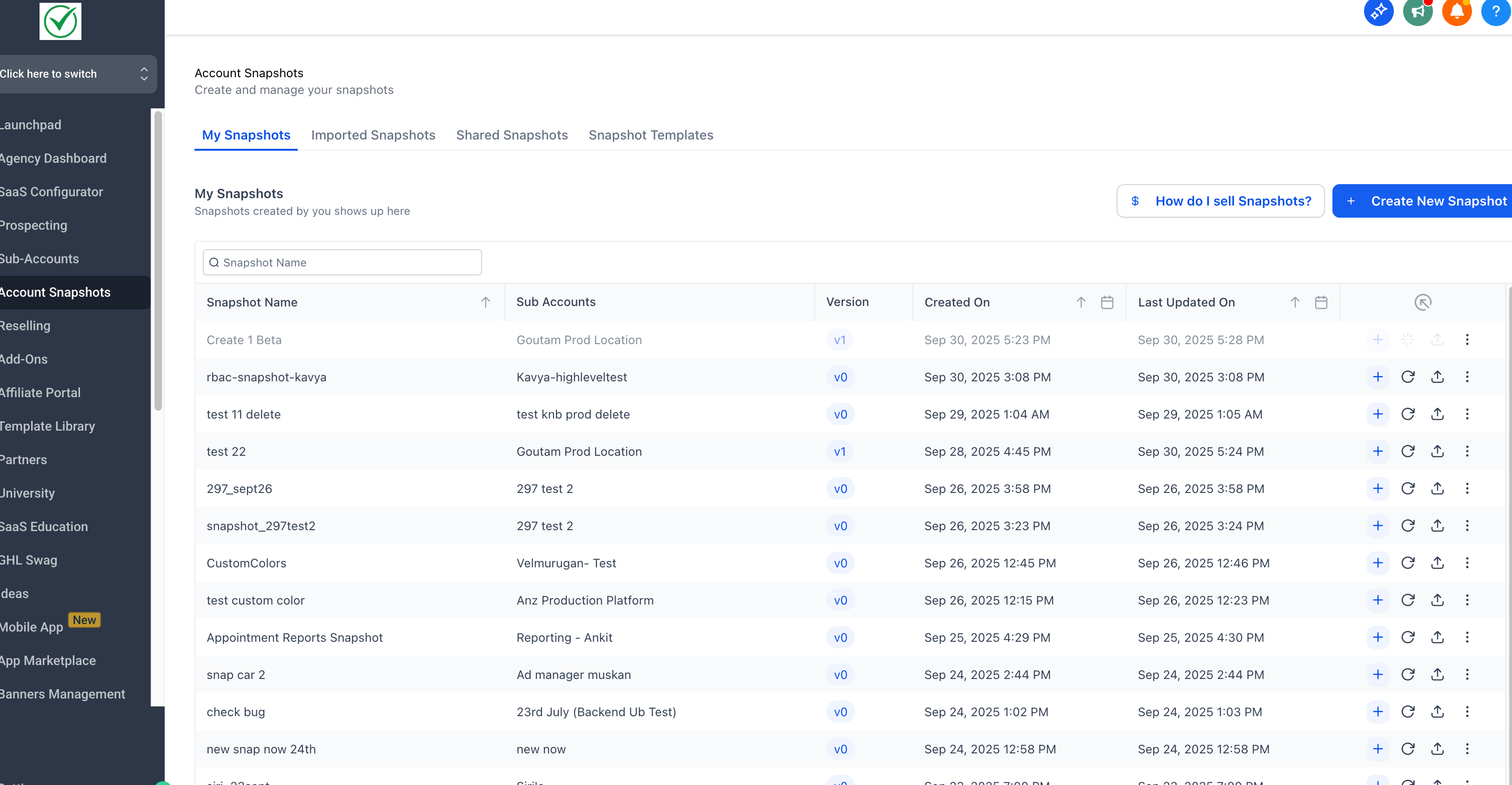 List view of the Snapshots dashboard in HighLevel showing snapshot names, subaccounts, versions, and last update times.