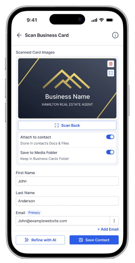 Mobile business card scanner in HighLevel showing scanned card, editable contact fields, and AI refinement options.