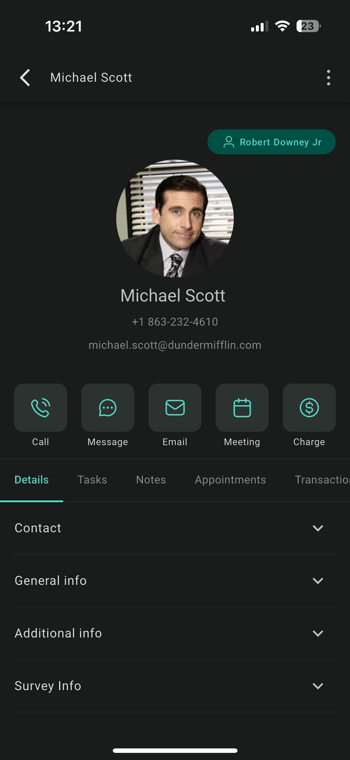 Mobile contact view UI showing profile and action buttons for Michael Scott inside the LeadConnector app