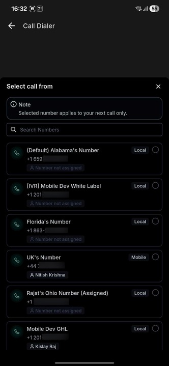 Mobile dialer interface displaying multiple outbound caller ID options with local and mobile indicators.