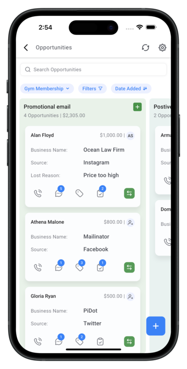 Mobile phone view of HighLevel Opportunities pipeline showing opportunity cards with contact names, values, sources, and quick action icons for calling, texting, or emailing.