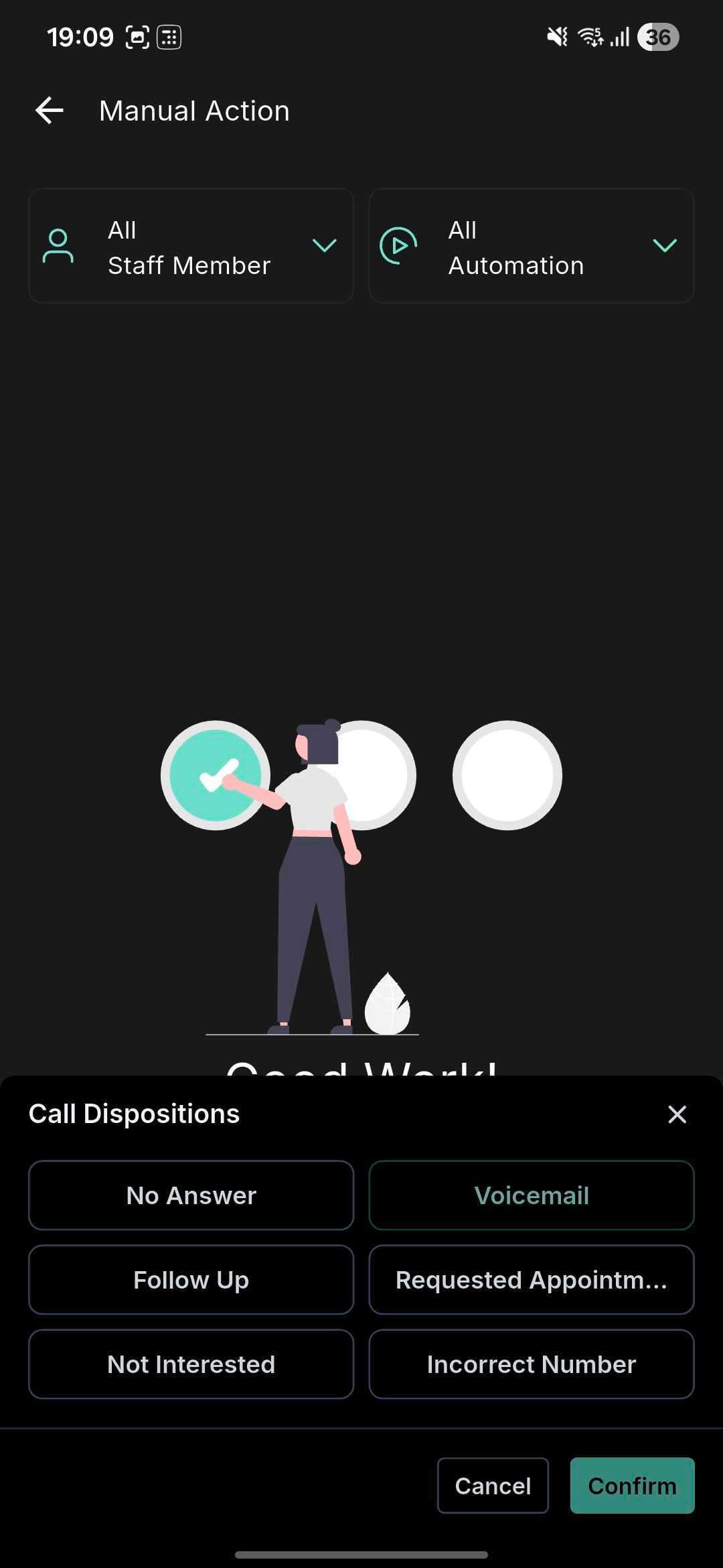 Mobile screen in HighLevel showing the custom call dispositions menu with options like No Answer, Voicemail, Follow Up, Requested Appointment, Not Interested, and Incorrect Number.