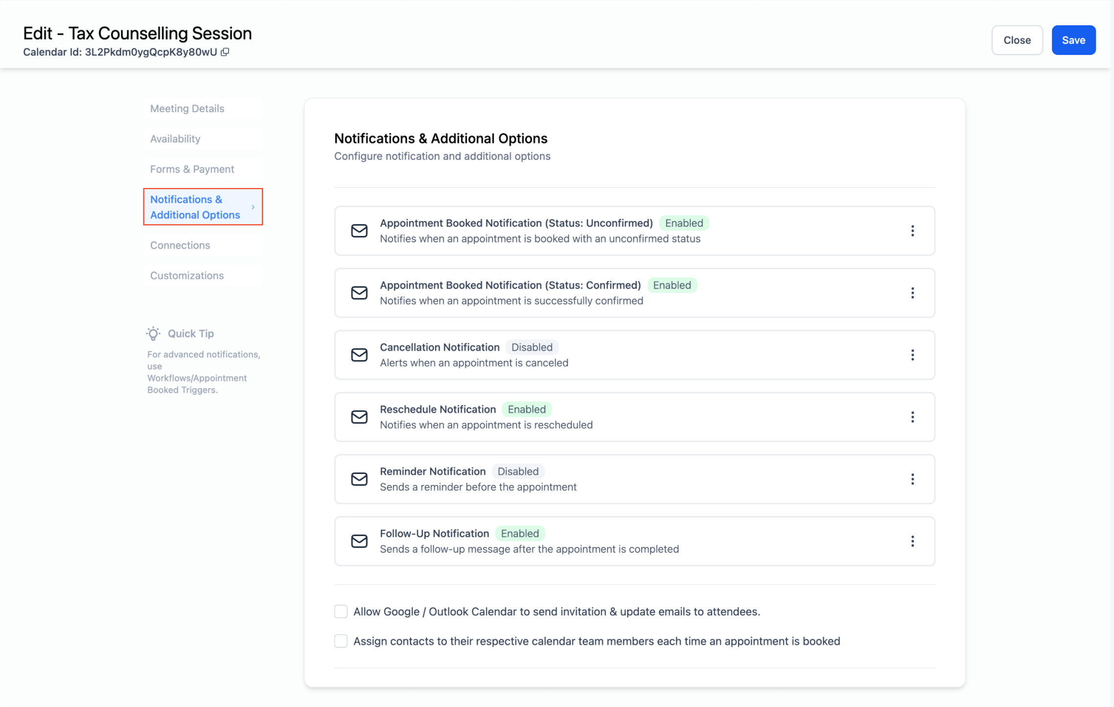 New calendar notification settings with email template selection options including appointment status, reschedule, and follow-up notifications