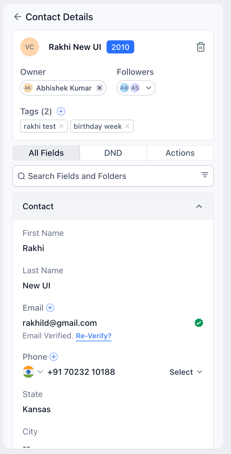 New HighLevel contact detail view showing simplified layout with email, phone, tags, and assigned owner clearly displayed for easy lead management.