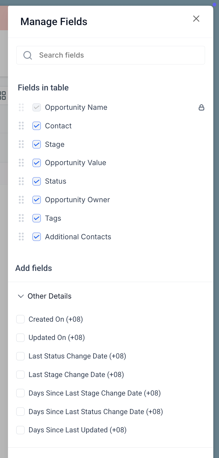 Opportunity card field editor showing days since last update options