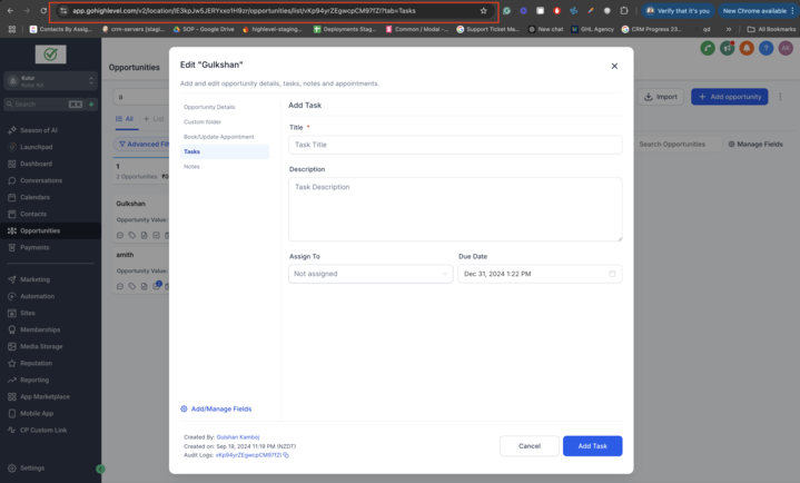 Opportunity detail view with a shareable URL shown in the browser address bar, enabling direct access to specific pipeline records.