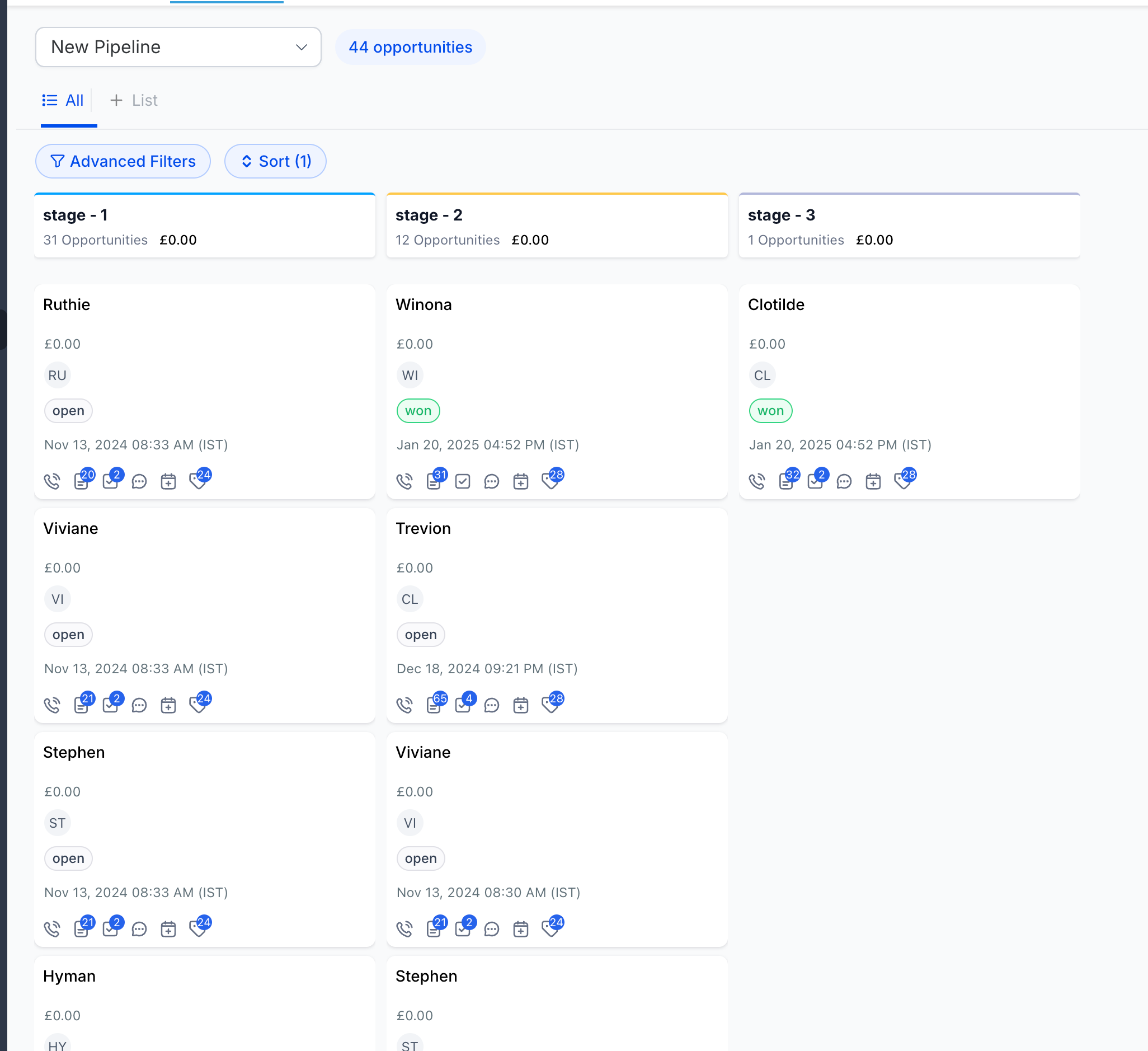 Opportunity pipeline view with simplified 